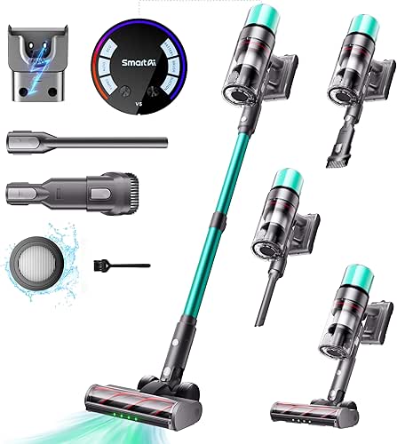 V5 Aspirateur Balai sans Fil, 55Kpa/600W/80Mins Aspirateur sans Fil Puissant,