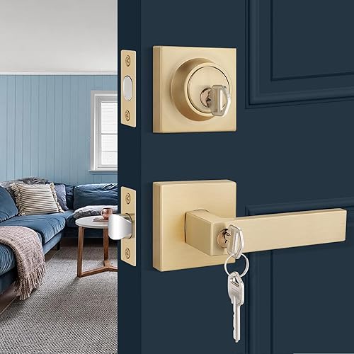 EHOMEWARE Juego de manijas de puerta con cerrojo de un solo cilindro, cerrojo de latón satinado, reversible para el lado derecho e izquierdo con