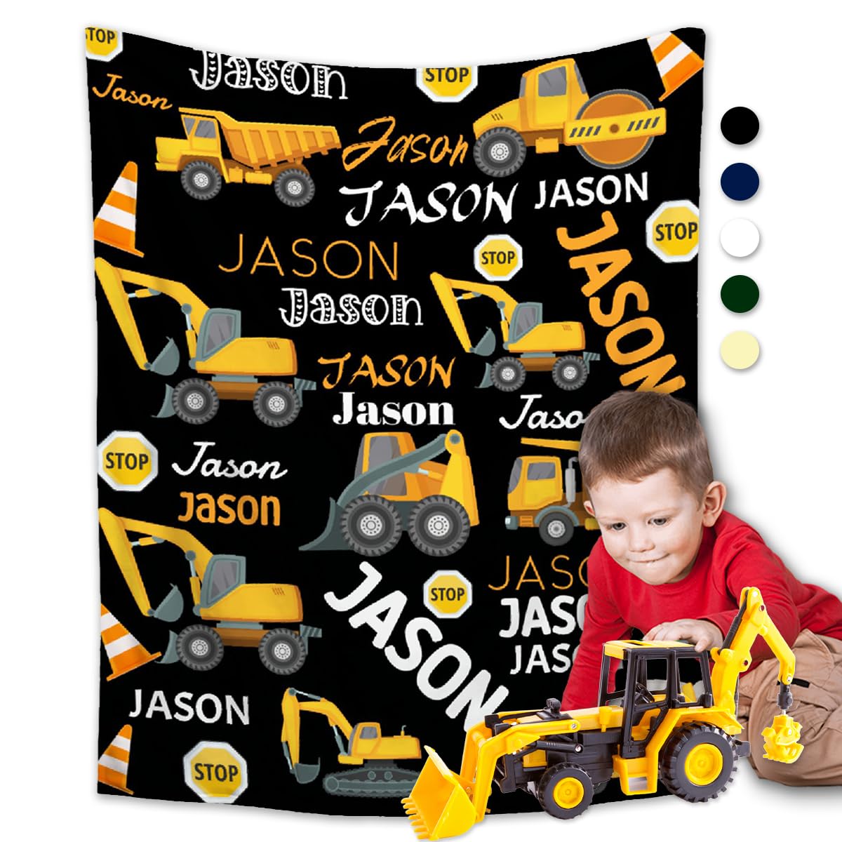 Buyyet Personalized Construction Truck Custom Gift Blanket with Name, Truck Blanket for Boys Kids Soft Fleece Flannel Throw Cozy Blankets for Bed