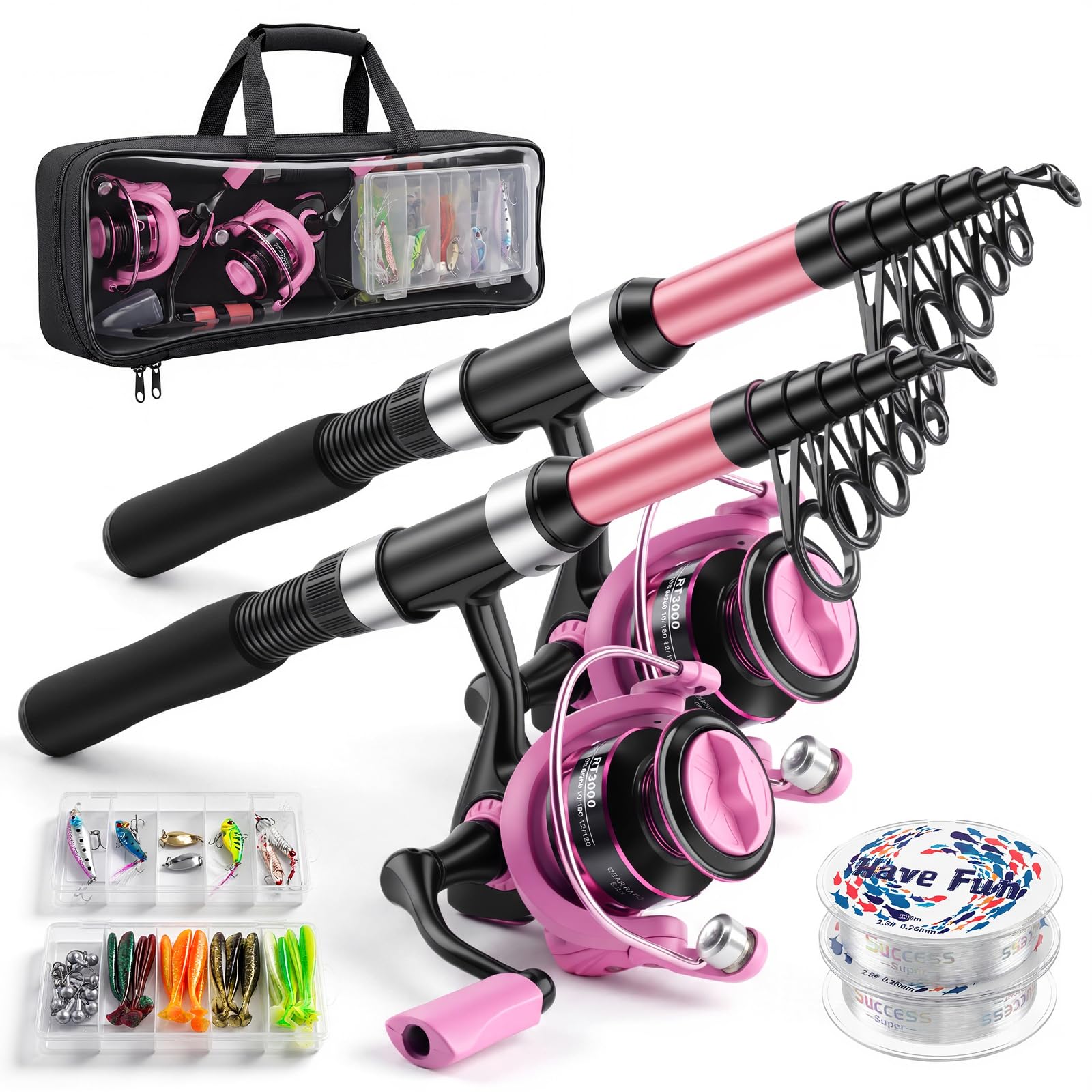 Fishing Rod and Reel Combo, 2 Pcs 2.1M Telescoping Fishing Rod with Carrier Bag, Spinning Reels, 2 Lines, Lures Baits, Suitable for Beginners Fishing Gifts for Men Women Saltwater Freshwater