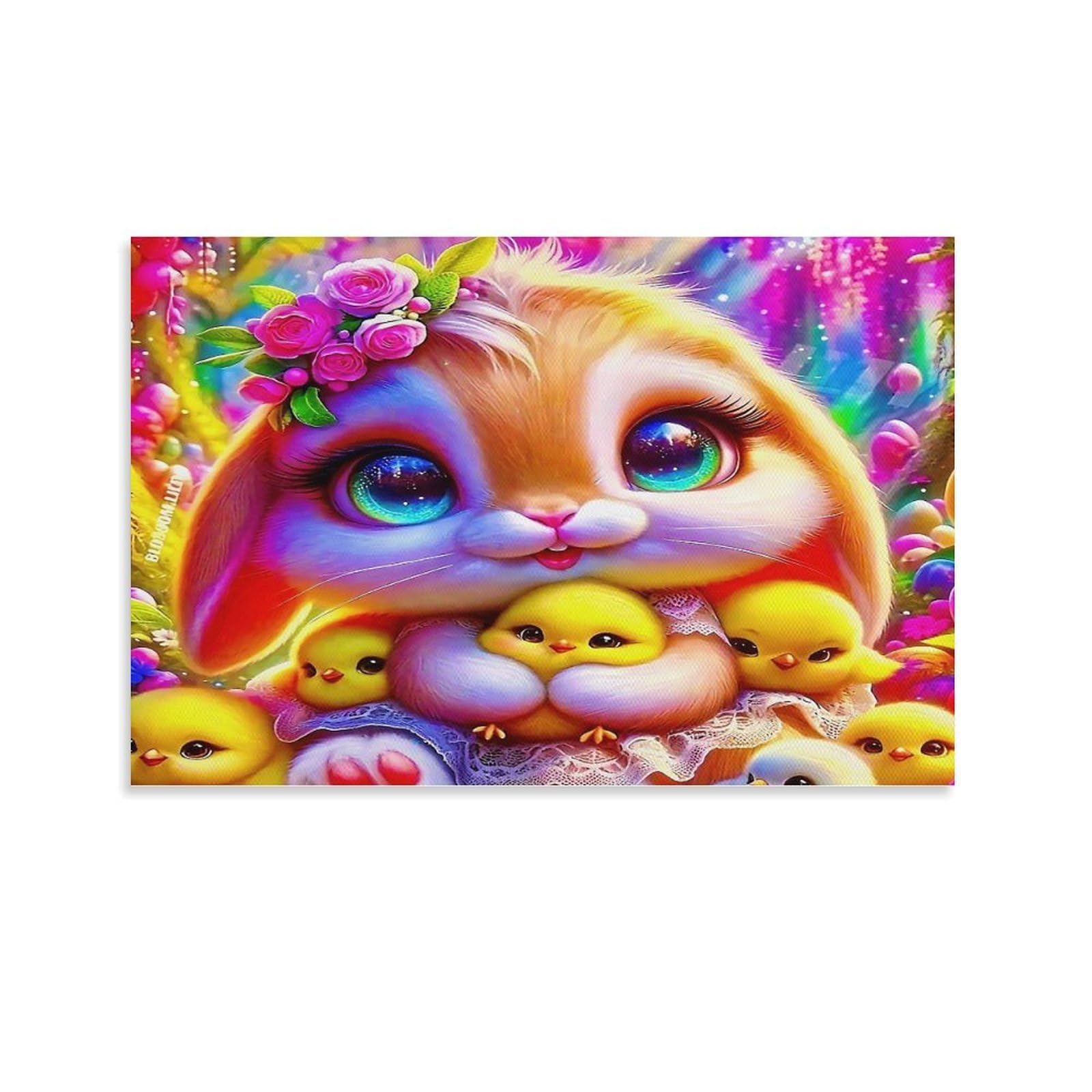 CPLVKWRQJ Yin Yang of Nature with Cosmic Elements Individual Cute Bunny with Baby Chicks Wall Art Pieces - Office Canvas Print Fade Resistant Wall Focal Art Ready to Hang 08x12inch(20x30cm)