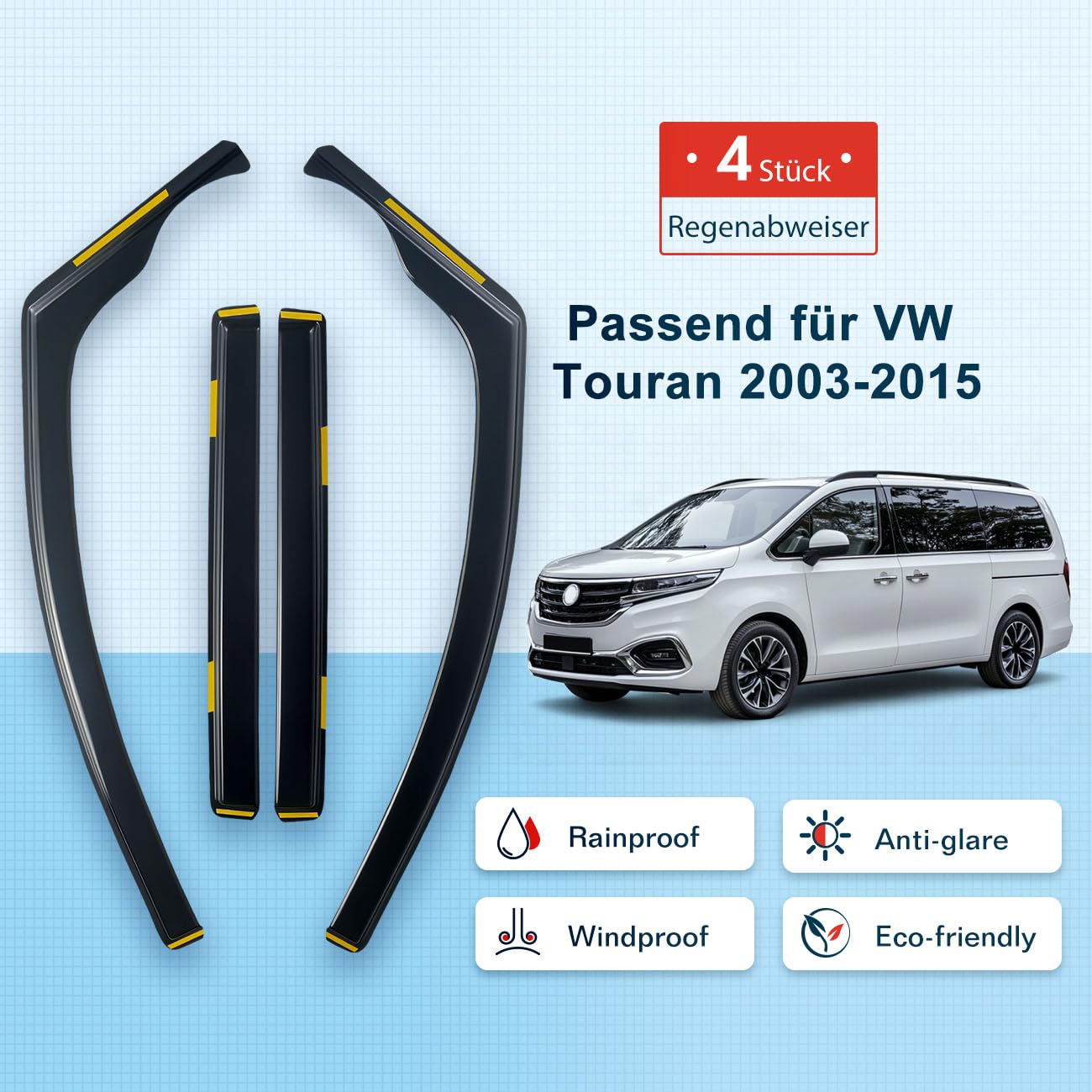 Windabweiser Regenabweiser kompatibel mit VW Touran 2003-2015 5-Türer, Selbstklebend Tape-On Autofenster Regenschutz Regenabweiser Deflektoren, 4-TLG Set, Rauchgrau, Vorne,Aerodynamisch