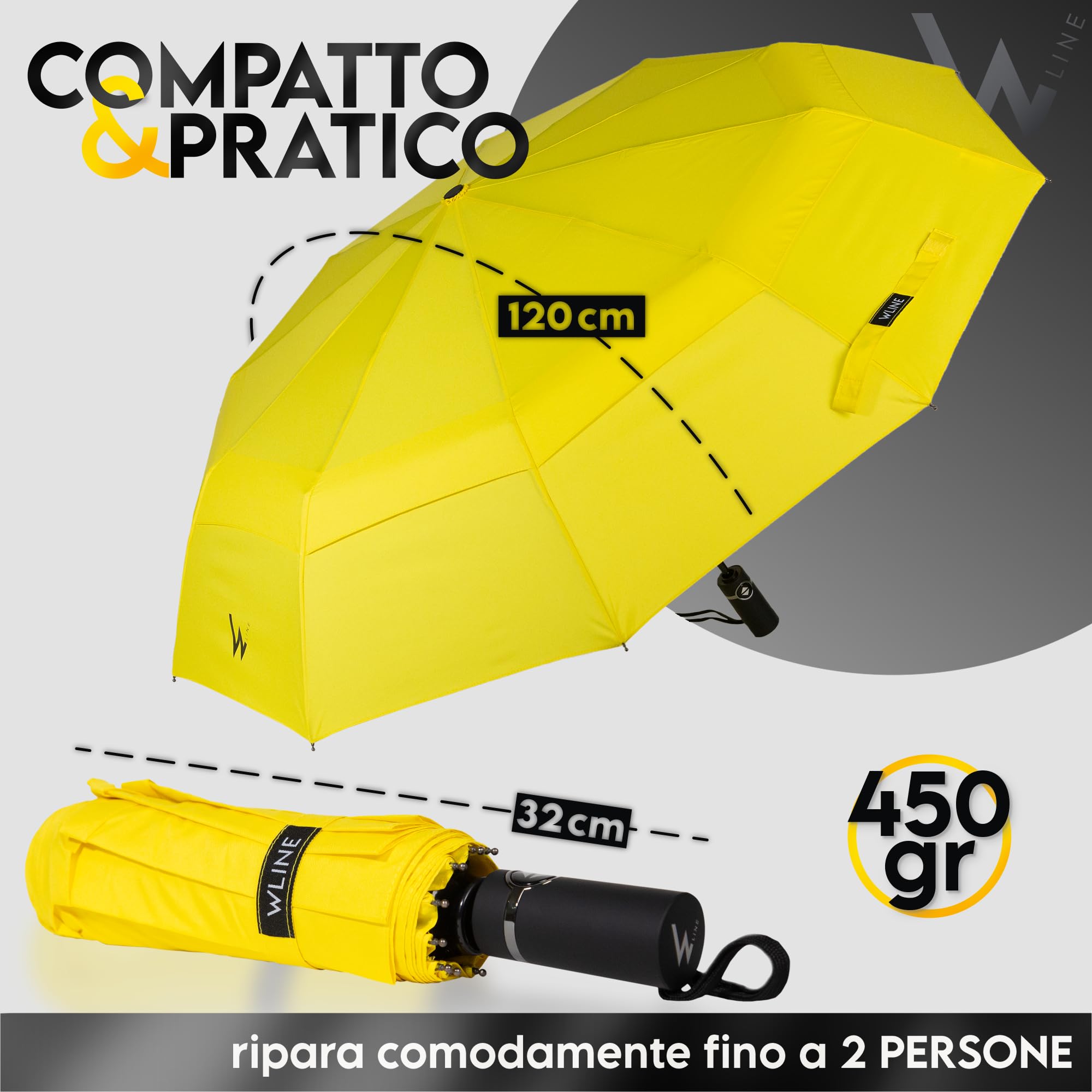WLine Wind Ombrello Pieghevole Antivento da Pioggia con Apertura e Chiusura Automatica, Stoffa Teflon, Struttura Ultraresistente, Diametro 104cm (Giallo con Custodia)