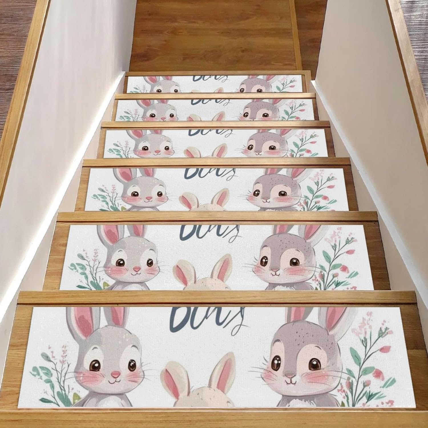Bunnies with Flowers Carpet Stair Treads, Stair Treads for Wooden Steps Indoor, Stair Runner for Pets Non Skid Wood Staircase Step Treads Reusable, Set of 15