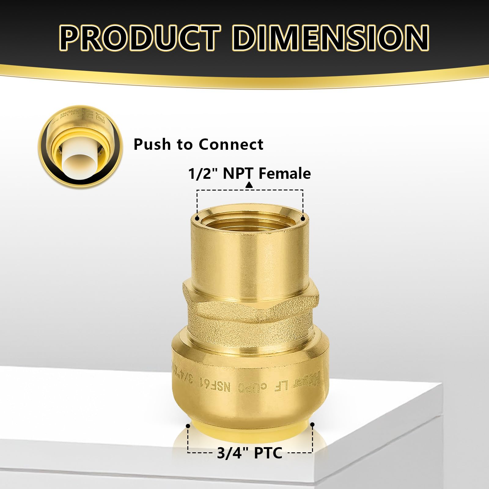 10 szt. złączek mosiężnych Foskan 3/4" Push-to-connect x 1/2" z gwintem wewnętrznym, do łączenia rur PEX, miedzianych, C, PE-RT, z zaciskiem rozłączającym do napraw hydraulicznych (PTC x FNPT)