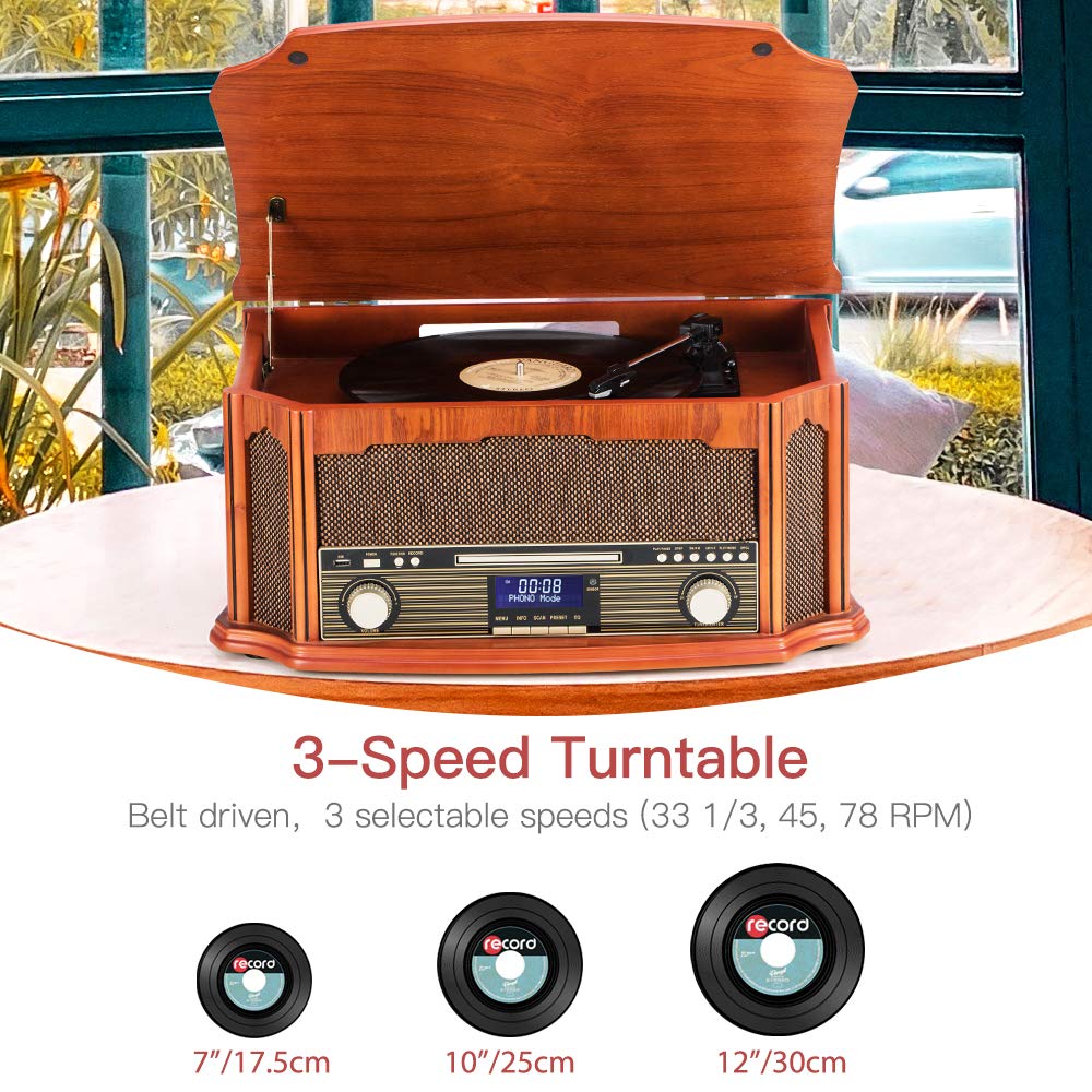 Shuman Centro Musicale Vintage 9-in-1 MC-250DBT - Giradischi 3 Velocità, CD, Cassetta, Radio DAB+/FM, Bluetooth, USB