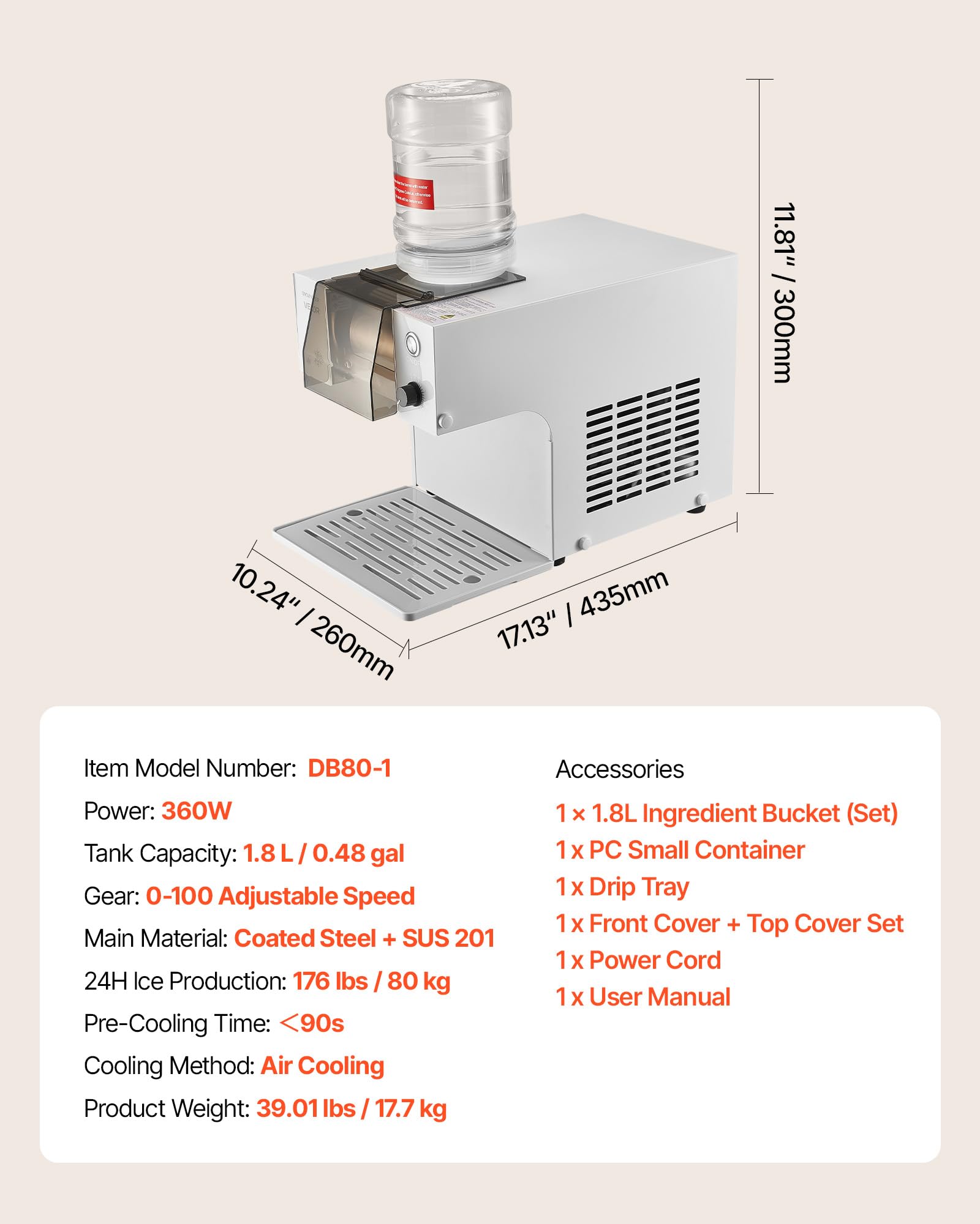 VEVOR Máquina de Hielo en Copos de Nieve, 80 kg/Día, con Cuchilla de Acero Inoxidable, con Tanque de 1,8 L y Enfriamiento Rápido en 90 s, Ideal para Eventos Pequeños en Casa, 435 x 260 x 300 mm