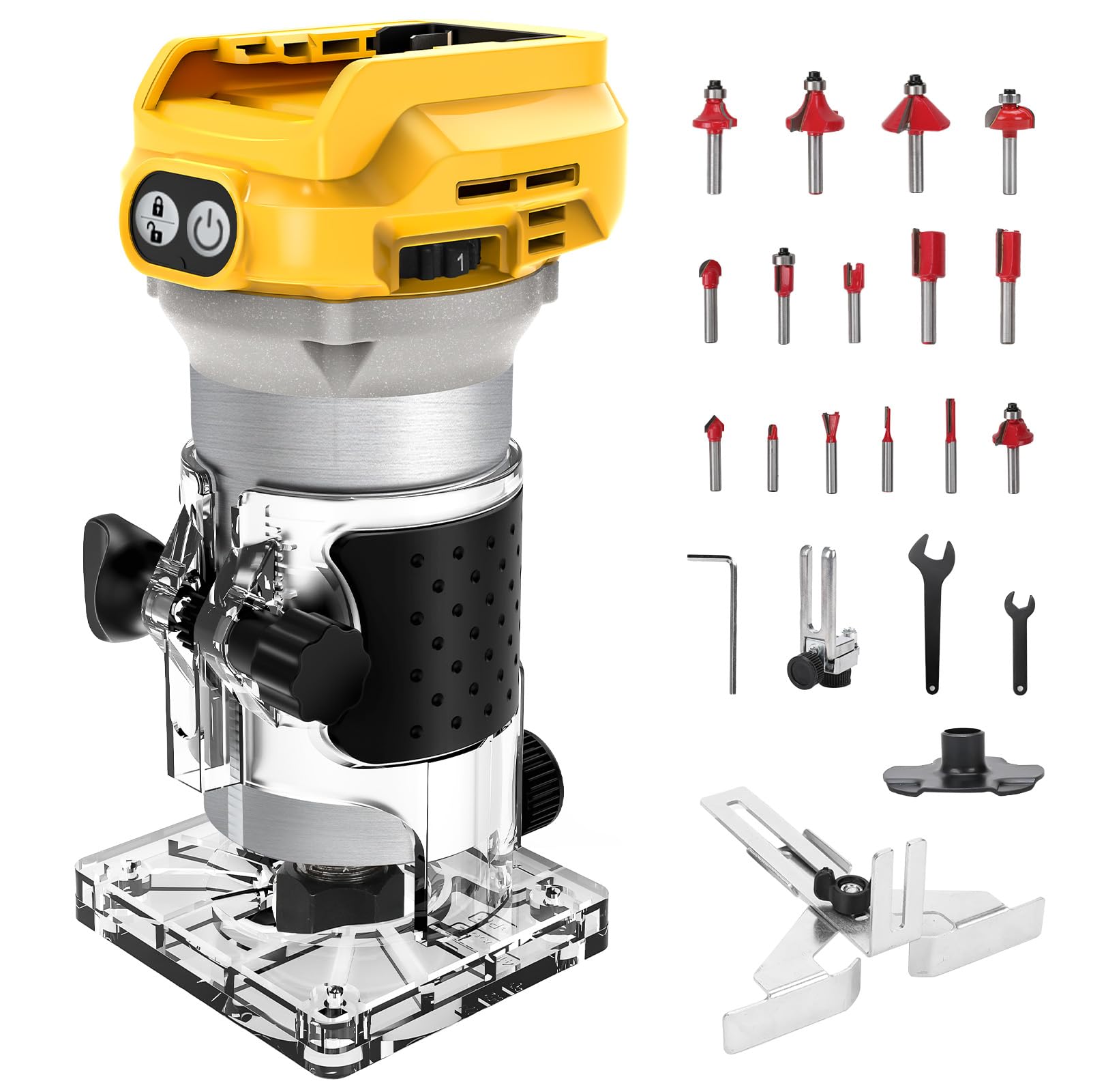 WingFly Akku Kantenfräser für Dewalt 18V,20v Batterien, Oberfräse Bürstenloser Tragbarer Handfräser für die Holzbearbeitung, Akku Holztrimmer mit 15 Stück Fräser Set