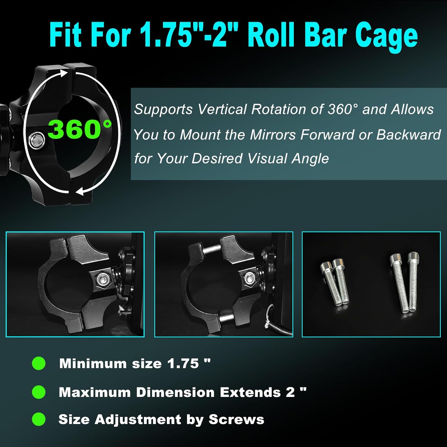 UTV Rear View Mirrors with LED Sport Light - HDWide-View Shatterproof Rearview Mirror with Adjustable Spotlights, Fit for 1.75"-2 InchRoll Bar for Polaris RZR, Can-Am X3, SXS Side Mirrors