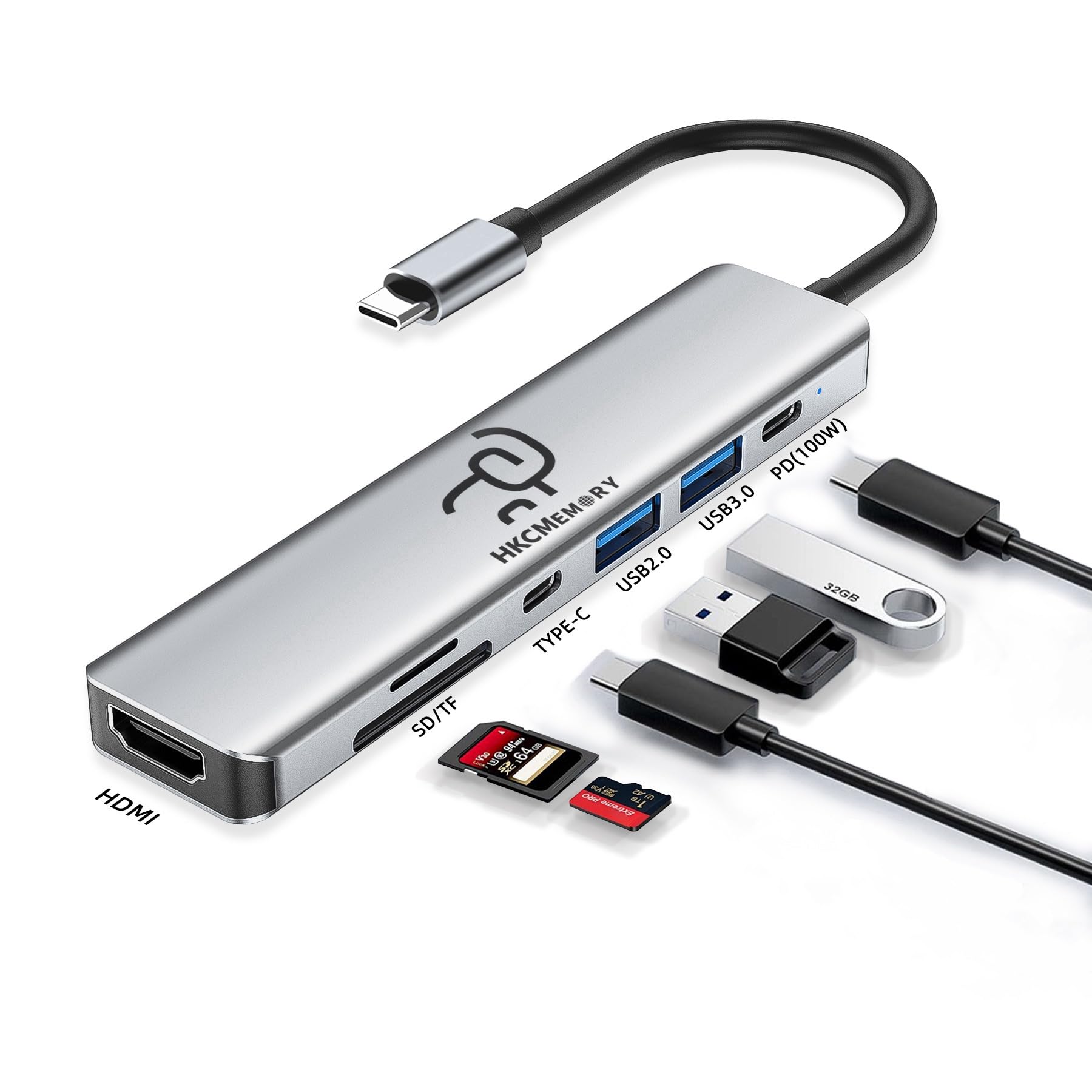 Hub USB C 7 w 1, 4K HDMI, ładowanie PD 100 W, porty USB 3.0/2.0, czytnik SD/TF, dane USB-C, do MacBook Pro/Air, iPad Pro, iPhone 16 Pro/Pro Max, Dell XPS, Steam Deck