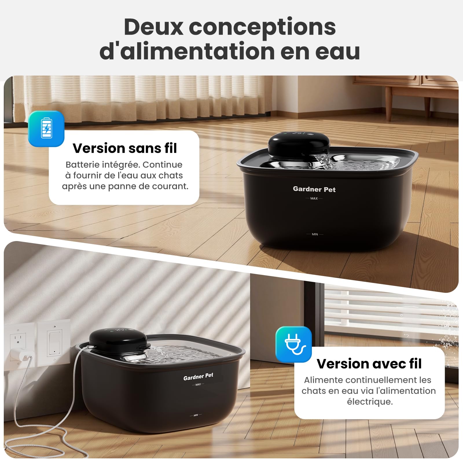 Gardner Pet Fontaine à Eau pour Chat et Chien sans Fil en Acier Inoxydable 3.78L, Distributeur d'eau Automatique à Pile avec Capteur de Mouvement, Affichage de Température et Filtration - Noir