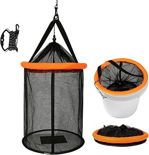 Floating Fish Basket for 5 Gallon Bucket, Foldable Live Fishing Bait Live Well with Rubber Coated Mesh, Durable Fish Keeper for Kayak Fishing