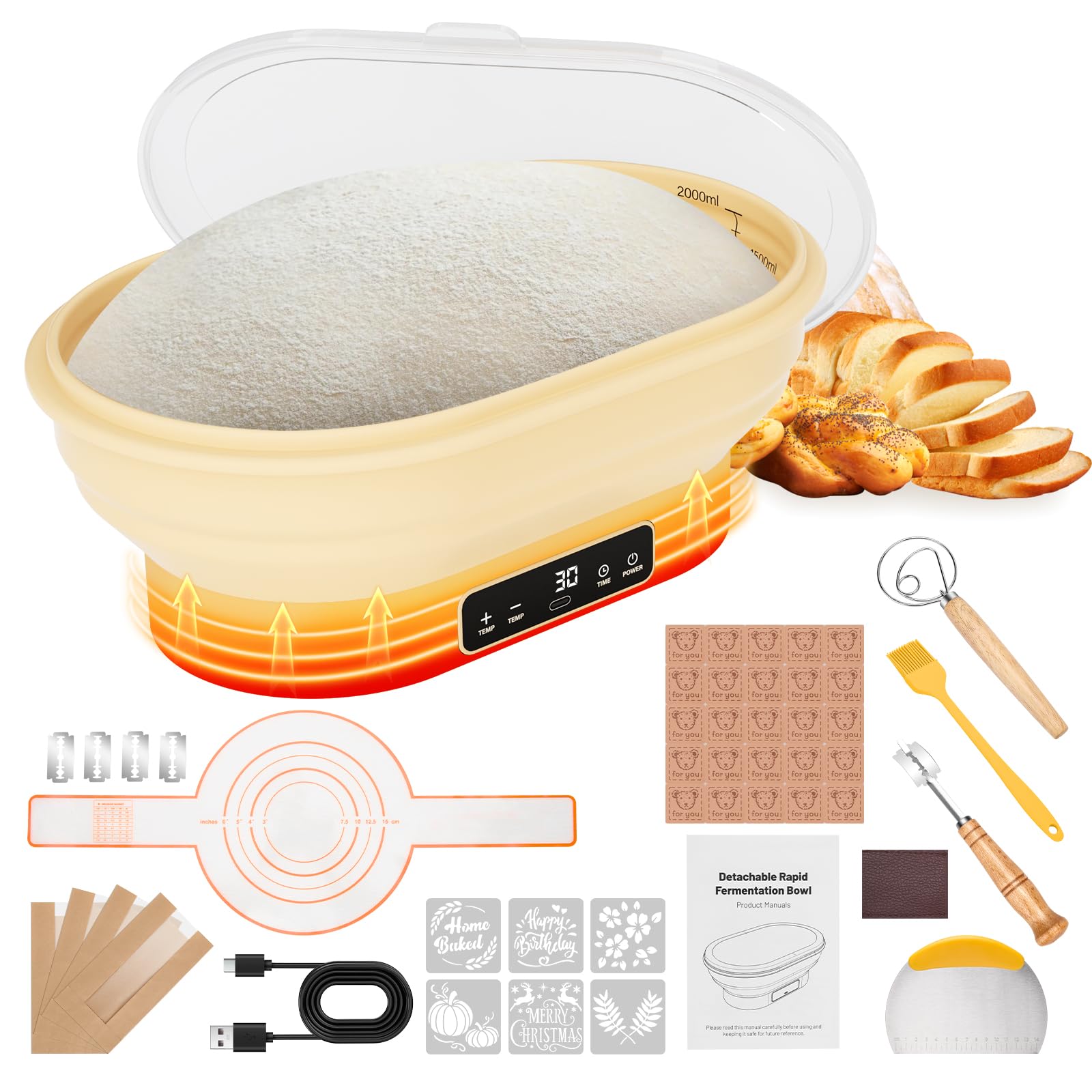 WADEO Cestino Lievitazione Pane, [37 Pezzi] [Elettrica Riscaldamento], Regalo Perfetto per Mamme, Mogli, Fidanzate, Appassionati di Panificazione (Aggiornato - Riscaldamento Elettrico - 37 Accessori)