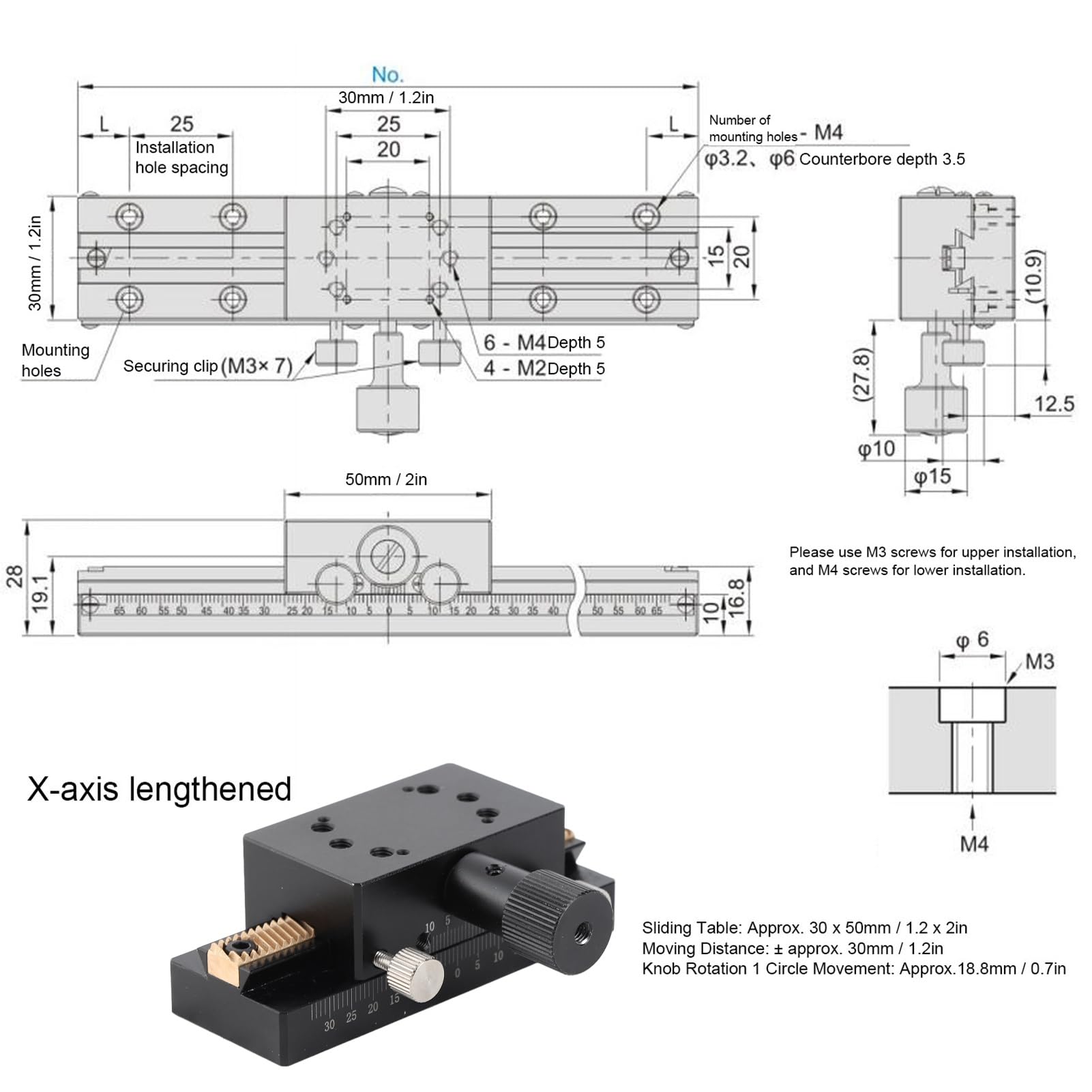 SEMCI-C-80 Linearer Translationstisch, X-Achsen-Schiebetisch mit Manuellem Zahnstangenritzel, 30 X 50 Mm, Hochpräzise Konstruktion aus Antioxidativer Aluminiumlegierung für