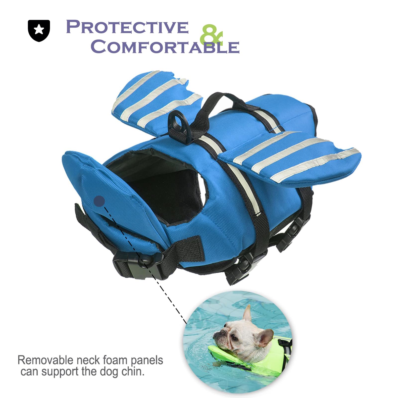 Rettungswesten für Hunde mit Flügel, Schwimmweste Hunde mit Kinnschwimmer, Leicht und Sicher für Wassersport hundeschwimmweste mit Griff und Reflektierend für Kleine Mittlere und Große Hunde Blau M