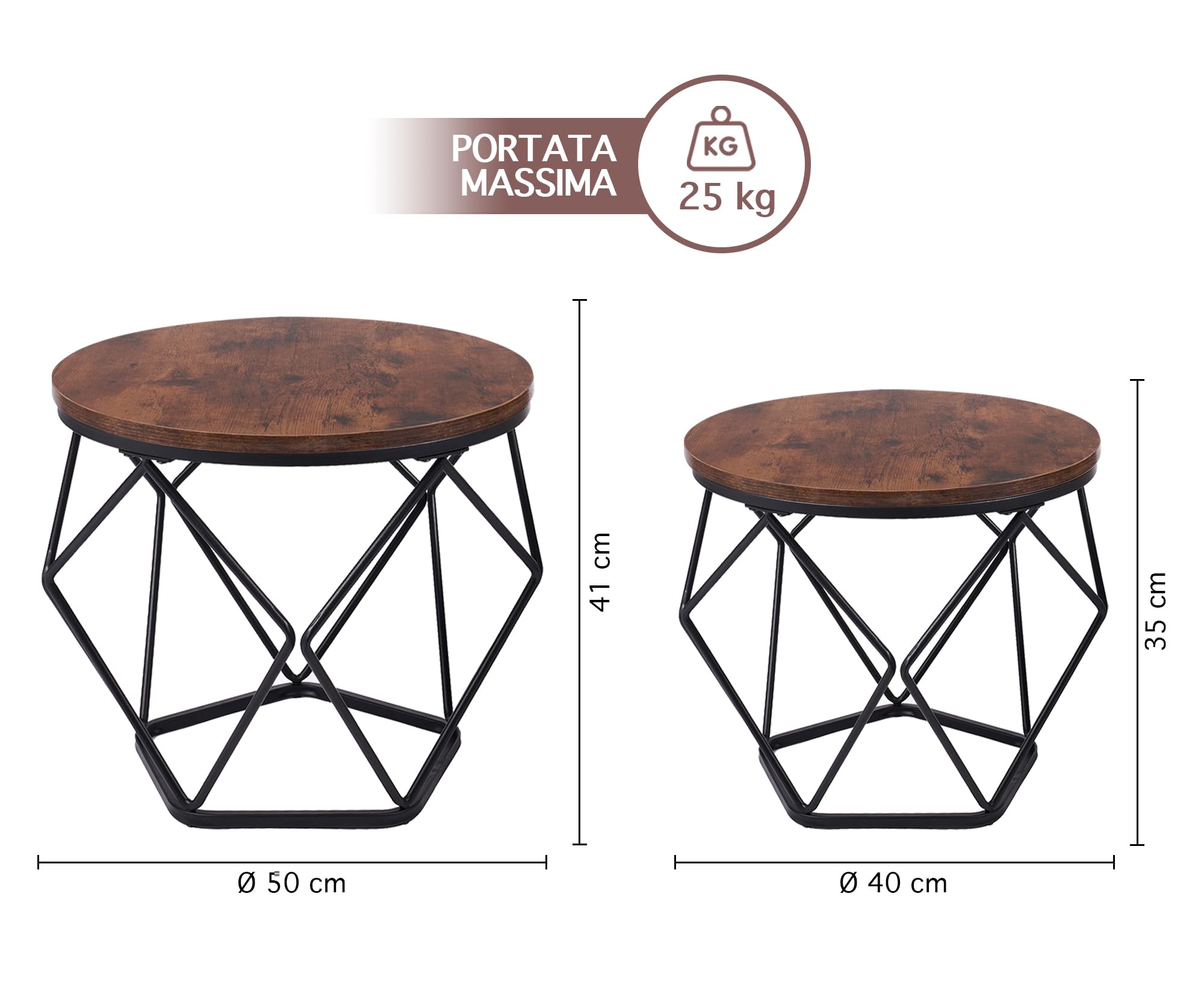 IlGruppone Set 2 Pezzi Tavolino Da Caffè Rotondo Set Di 2 Tavolini Ad Incastro Stile Vintage Industriale Piano Removibile Struttura In Acciaio Mobile Adatto Per Soggiorno Vano Porta Oggetti