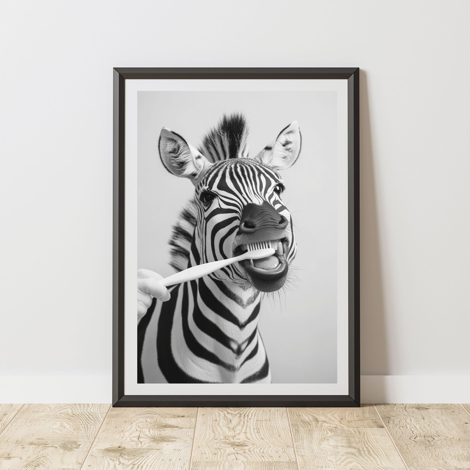 60 Second Makeover Photo Limited Zebra Brushing Teeth Quirky Animal Print Bathroom Accessories Wall Art Posters Pictures For Bathroom Walls Home Accessories Home Decoration Funny Humorous No Frame - A3
