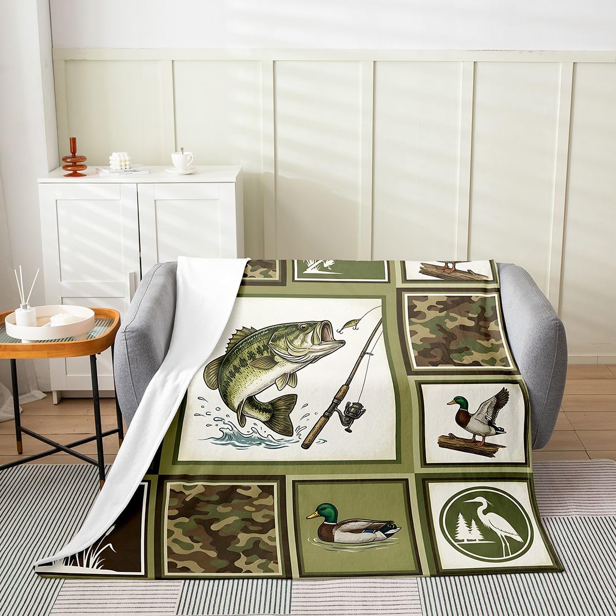 Dziecięcy koc polarowy w kształcie szczupaka, ryby, podwójny, 152 x 180 cm, bas, duża ryba, na łóżko, kanapę, krzesło dla chłopców, dziewcząt, nastolatków, sypialnia, dekoracja, wędkowanie i polowanie