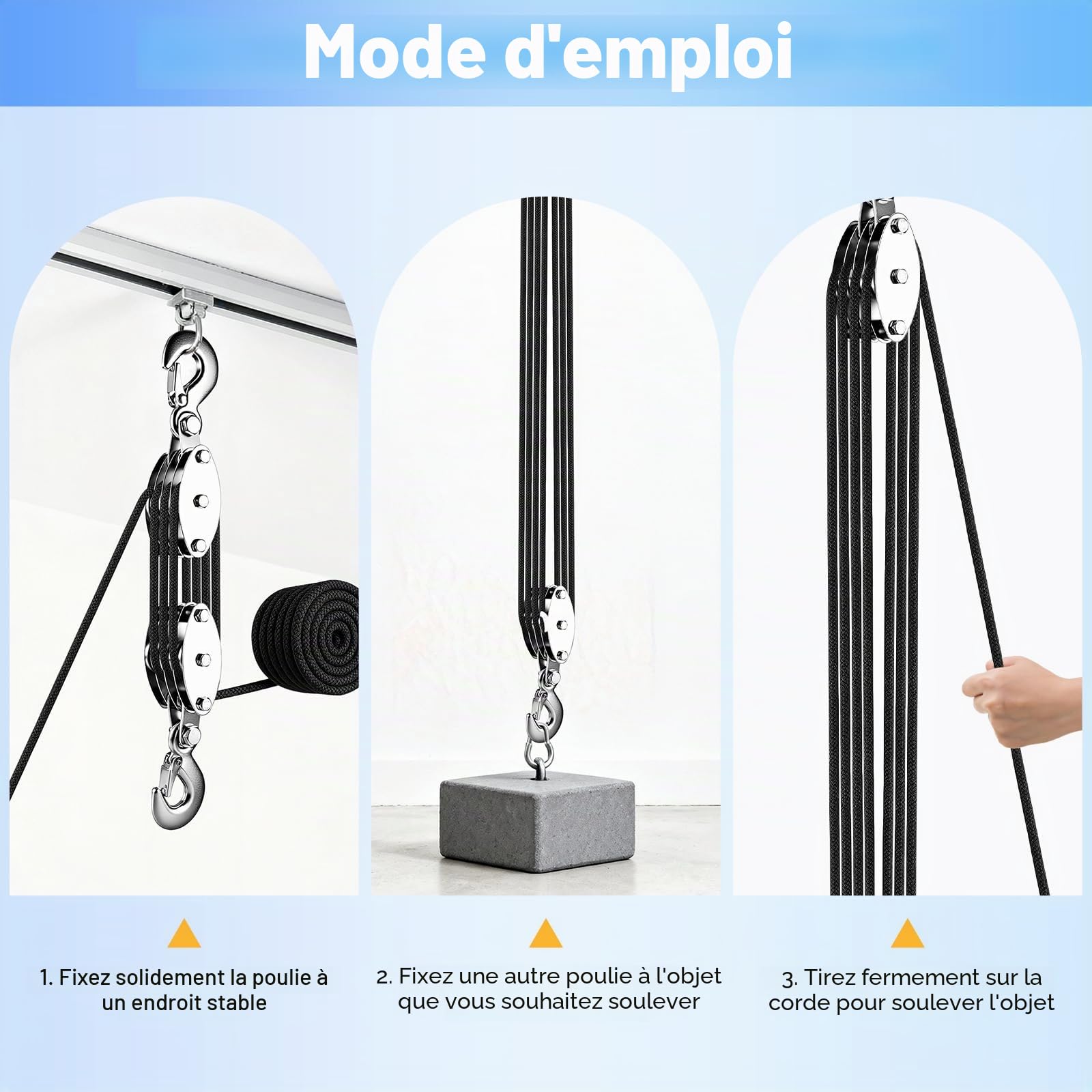 Palan à poulie pour Charge Lourde, 2000 kg Max. Câble Manuel 8:1, système de poulie avec 20 m de Nylon, jusqu'à 2,5 m de Hauteur, Rotatif à 270°, pour Chasse, garages, entrepôts