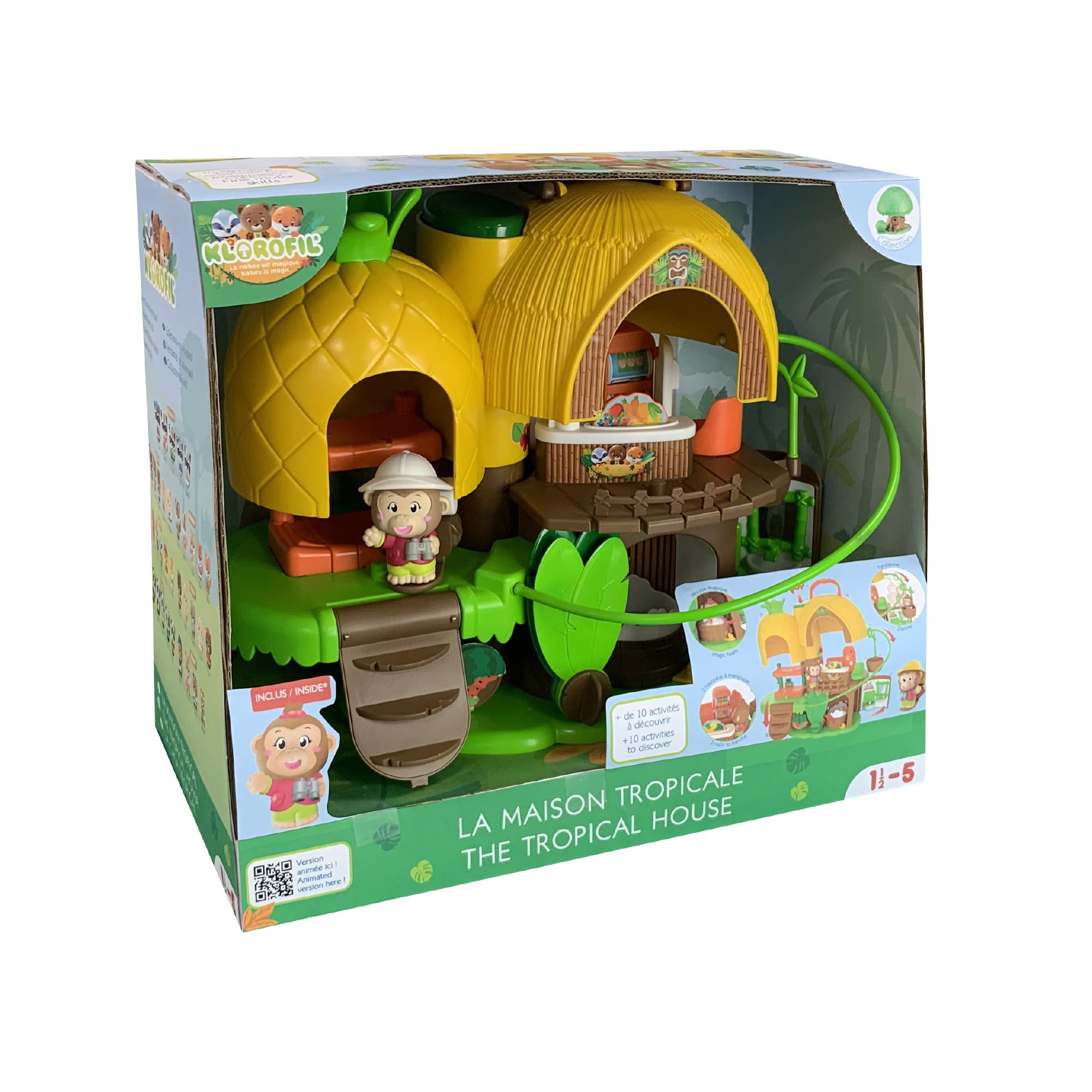 Klorofil – Tropisches Haus Miniaturwelt – Ab 18 Monaten – Schlafzimmer, Küche, Badezimmer, Seilbahn – Pop Up, Spiegel, Fruchtrad – 1 Figur inklusive – Geschenkidee Kinderspielzeug – Mädchen Junge