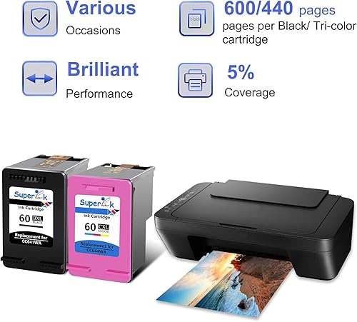 Miniatura 3 de SuperInk Cartucho de tinta remanufacturado de repuesto para HP 60 60XL CC641WA CC644WA compatible para impresora Deskjet D1660 D1663 PhotoSmart