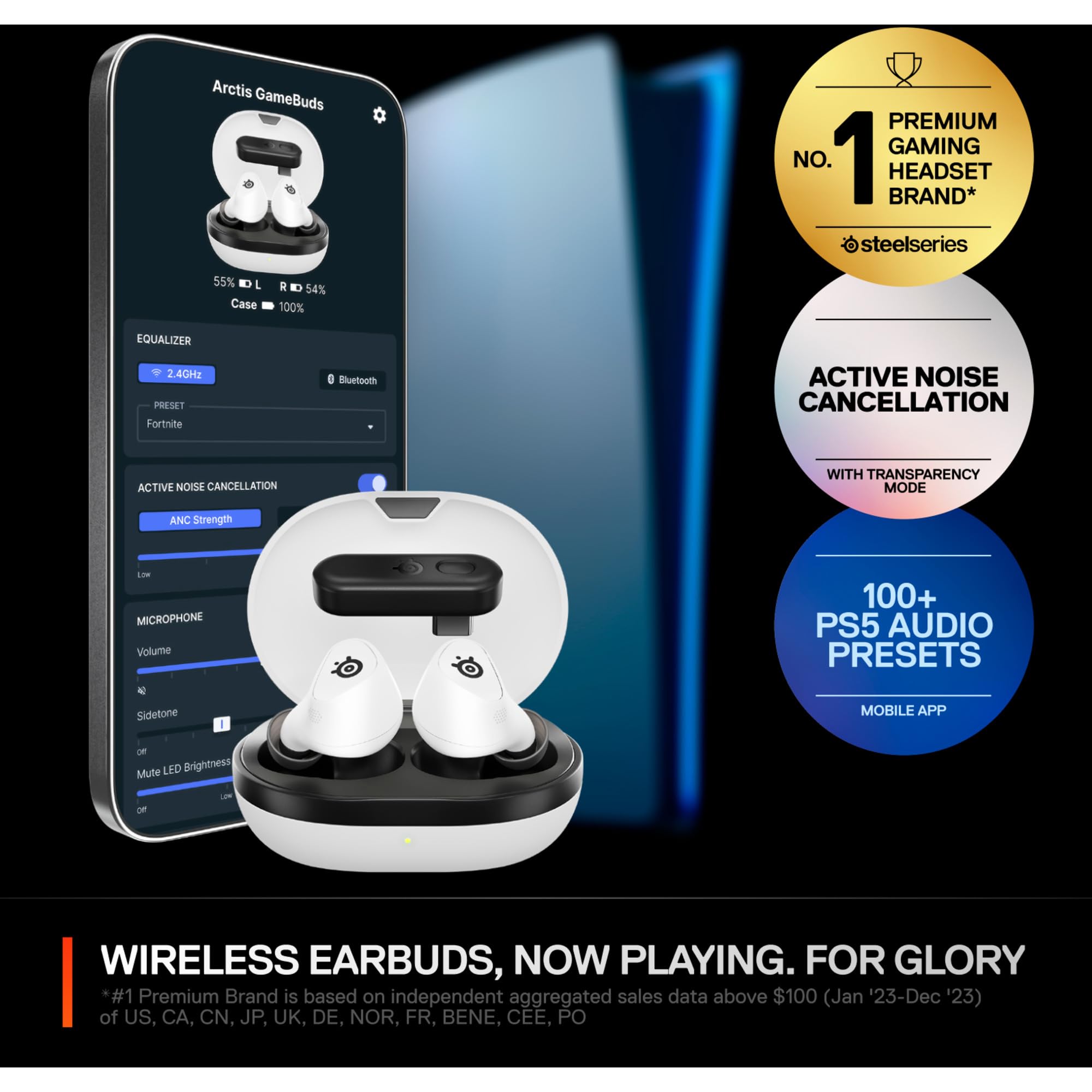 SteelSeries Arctis GameBuds™ per PlayStation - Auricolari da gioco senza fili - 2.4GHz + BT 5.3 - ANC/Trasparenza - Resistente all'acqua IP55 - Batteria 40H - Ricarica wireless - PS5,PC,Mobile -Bianco