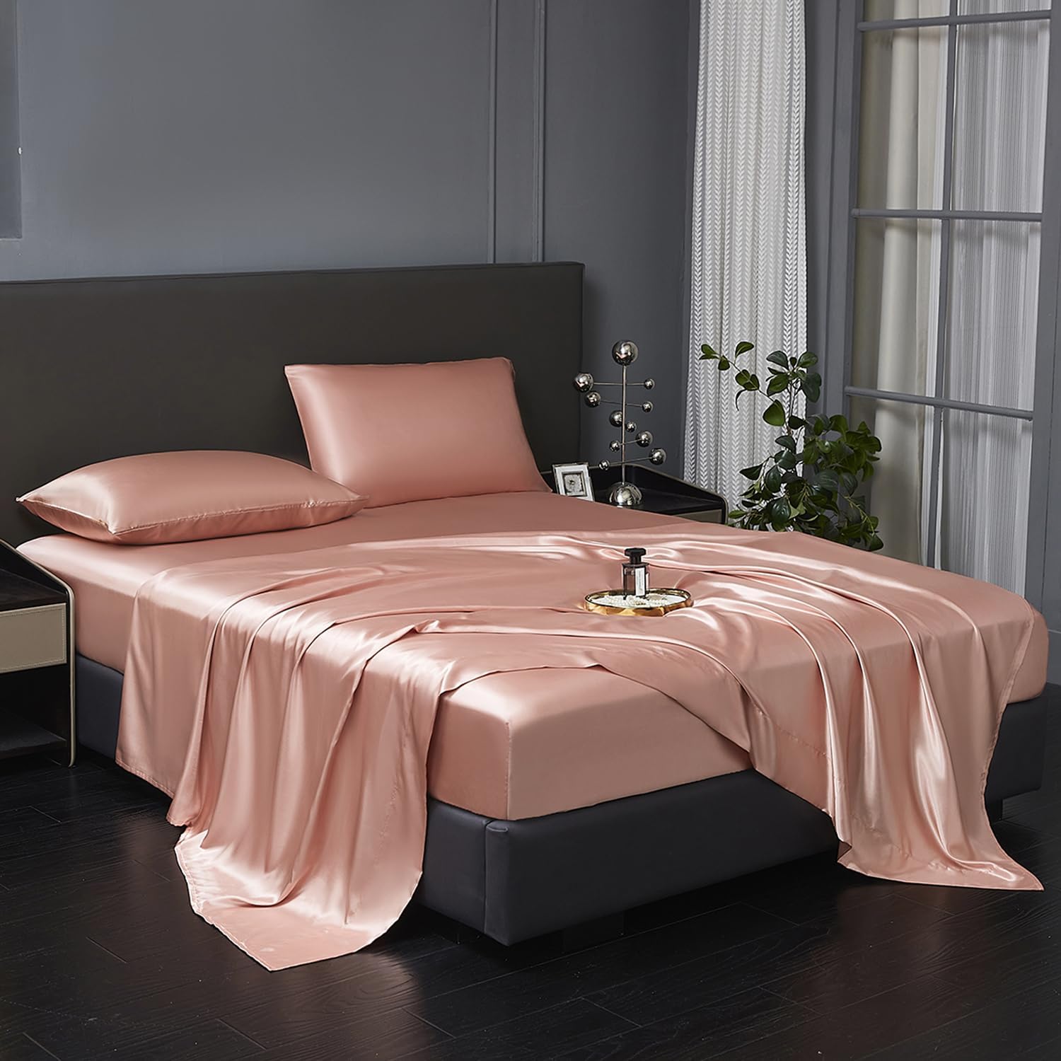 Revdomfly 4 Pcs Queen Size Luxury Silky Soft Champagne Satin Sheet Set,1 Premium Moisture Wicking Fitted Sheet Fits Up to 16 Inches Deep Pocket + 1 Flat Sheet + 2 Pillowcases（Champagne, Queen） image 2