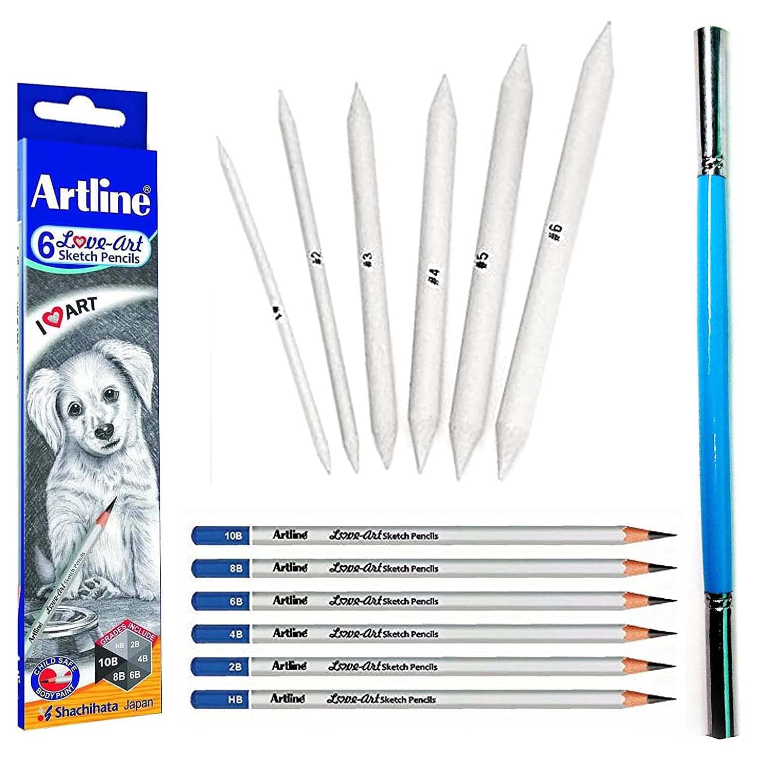 artline pencils with Paper Stumps Blender and Pencil Exntender