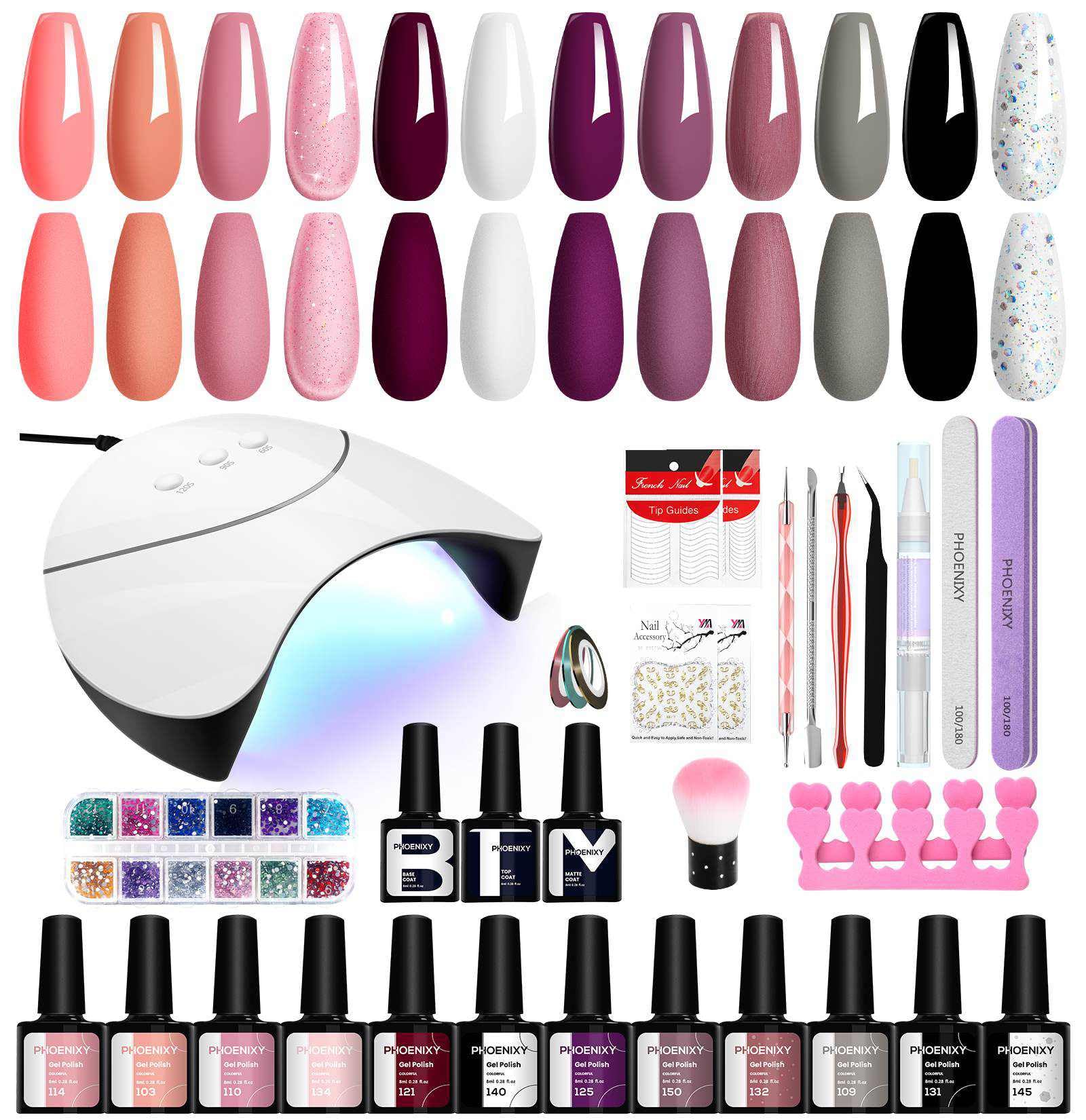 PHOENIXY Kit Unghie Gel Completo, 12 Colori, Lampada UV/LED 36W, Accessori, Set Unghie Semipermanente Professionale