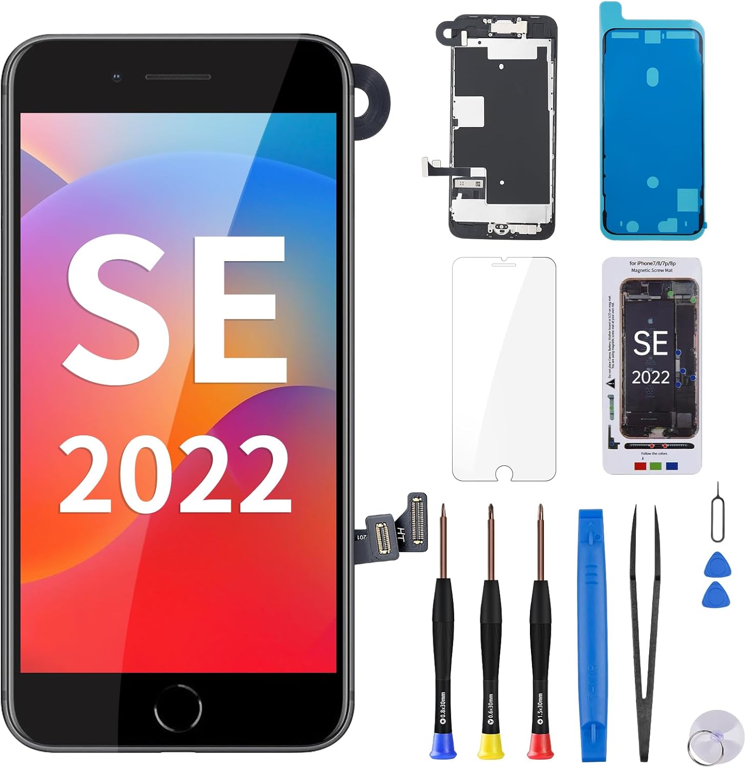 for iPhone SE 3rd Generation 2022 Screen Replacement with Home Button 4.7" LCD Display SE3 3D Touch Digitizer with Front Camera Earpiece Full Repair Tool Kit A2783 A2784 A2595 A2785 A2782