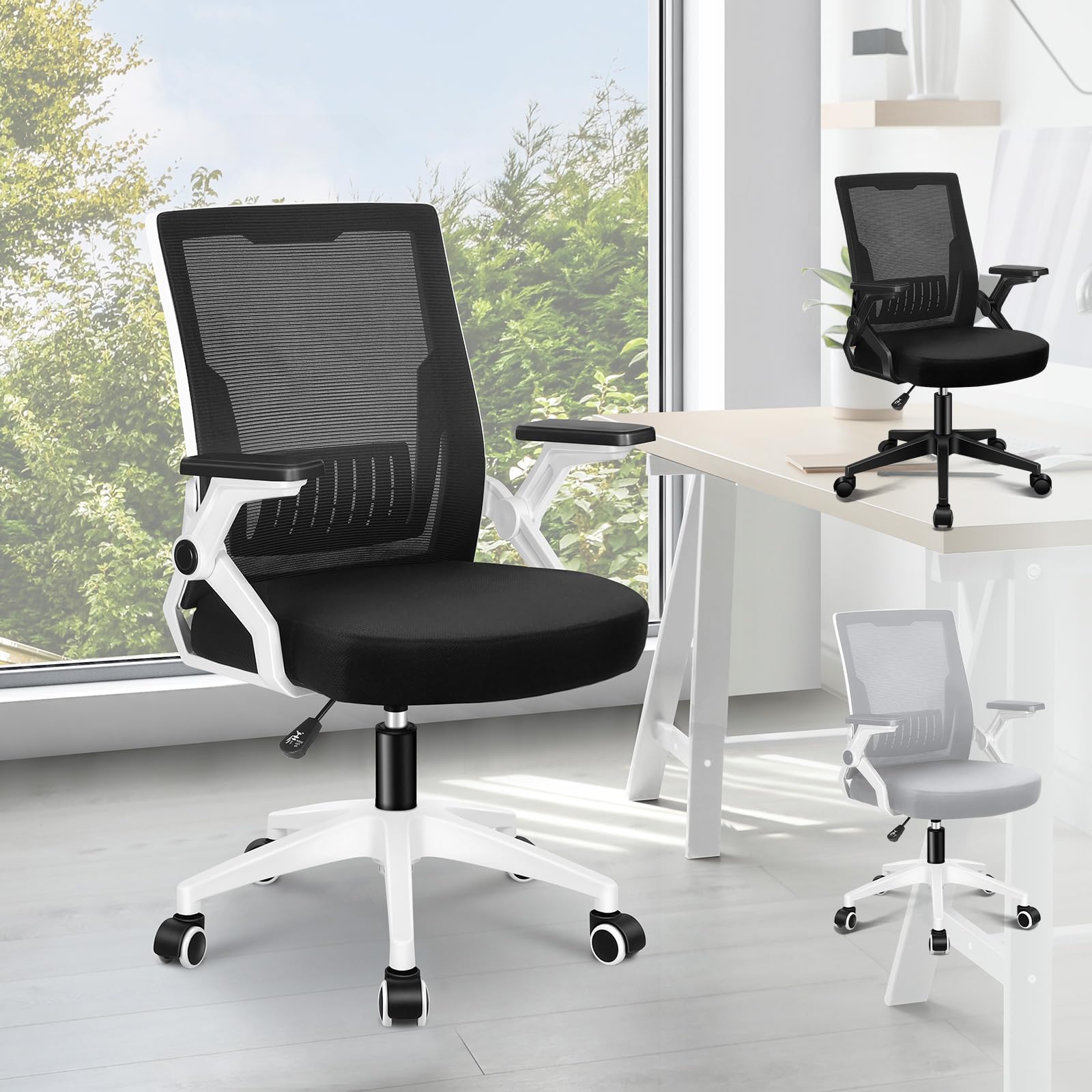 ELFORDSON Ergonomic Office Chair, Height Adjustable Desk Chairs for Home Office, Mid-back Swivel Mesh Computer Chair with 2D Armrests and Lumbar Support, Black & White — image 1