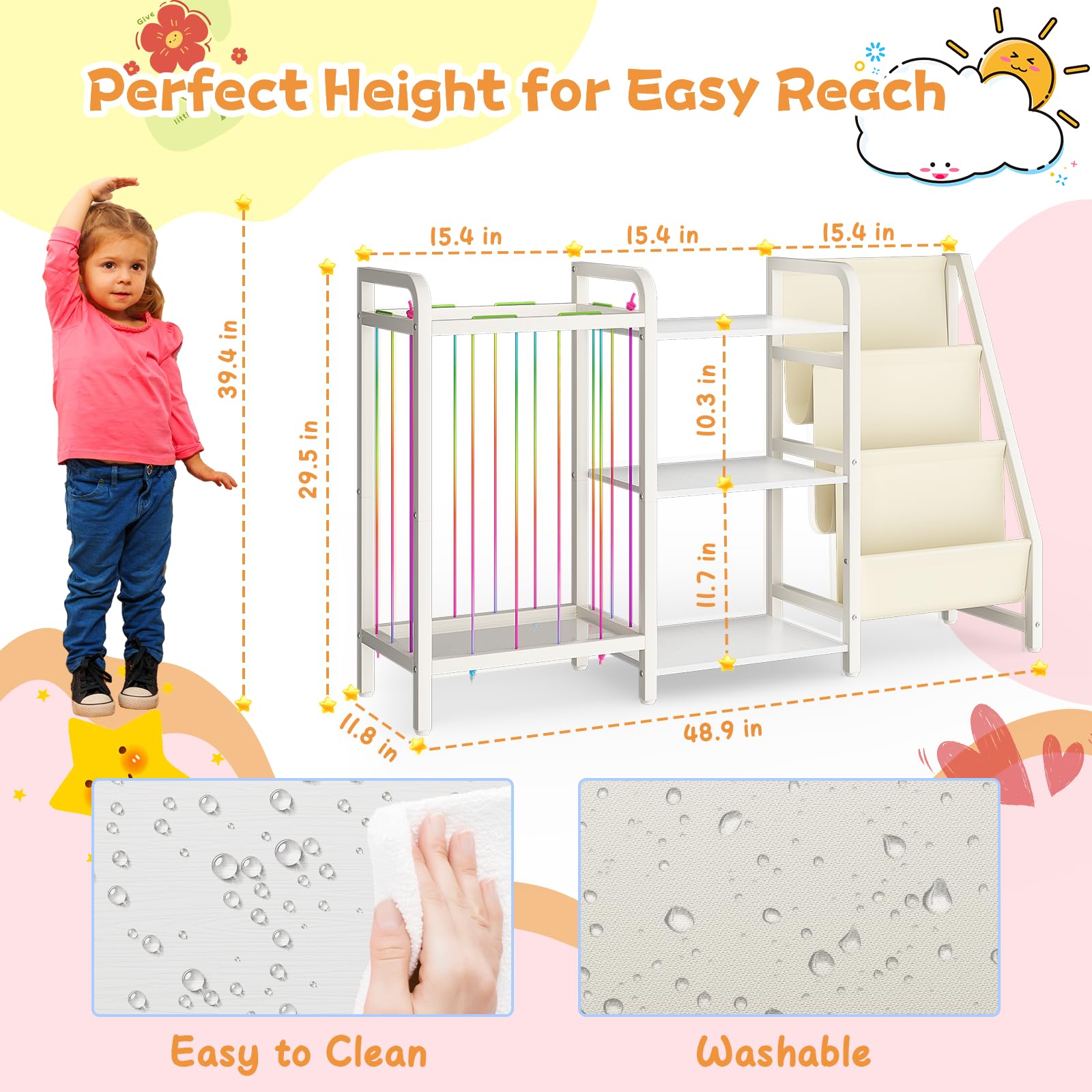 B1 - Estantería infantil y almacenamiento de juguetes, estante para libros de 3 niveles para habitaciones de niños, estantería para bebés con almacenamiento de animales de peluche, estantería 2