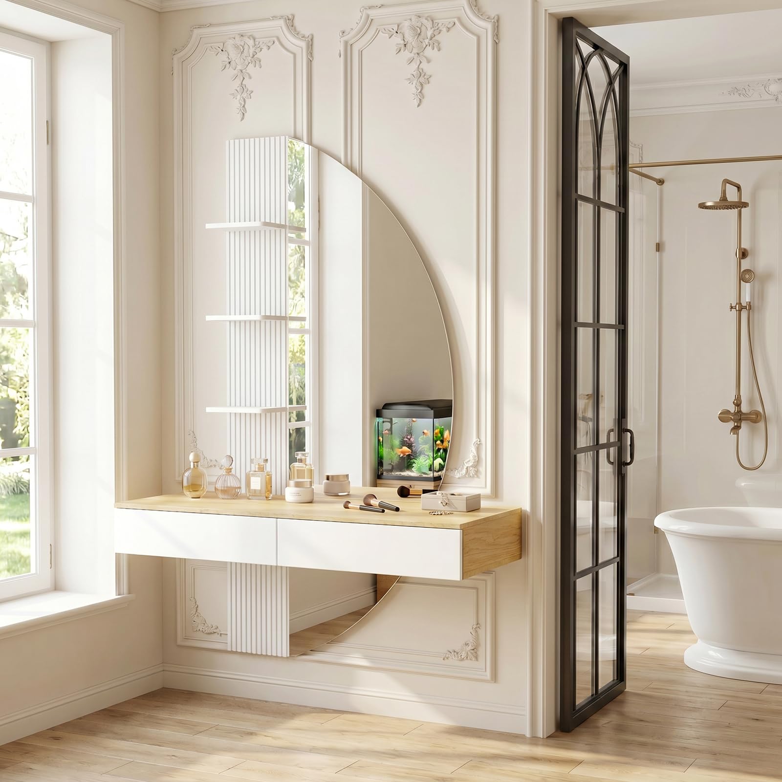 JUMMICO Coiffeuse Murale Flottante avec Miroir HD à éclairage LED, variateur Tactile et 3 températures de Couleur, équipée de tiroirs de Rangement (Blanc)