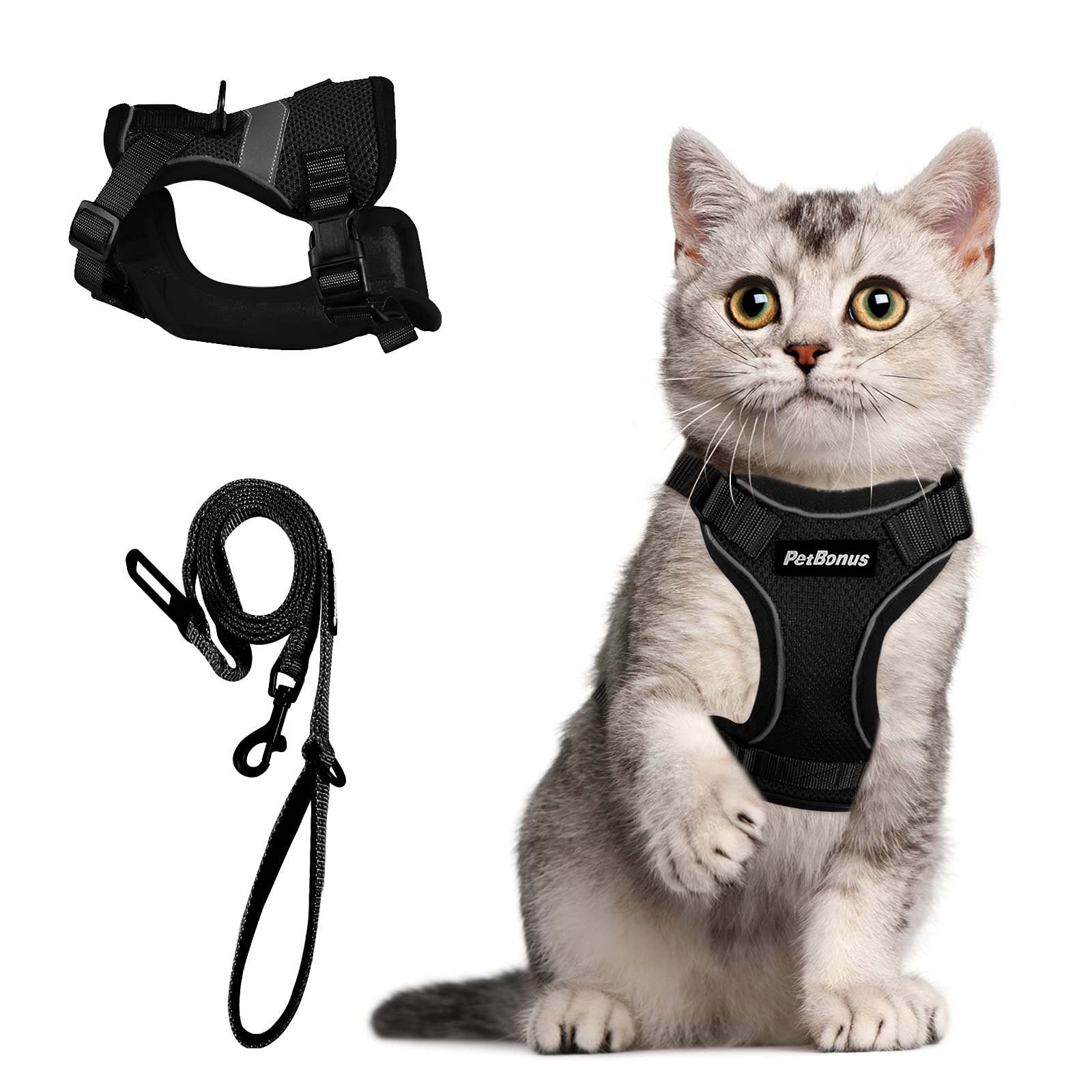 PetBonus Adjustable Cat Harness and Leash, Escape Proof Breathable Pet Vest Harnesses for Walking, Easy Control Reflective Leash and Harness Set Jacket for Cats, Kitten, Kitty (Black, X-Small)