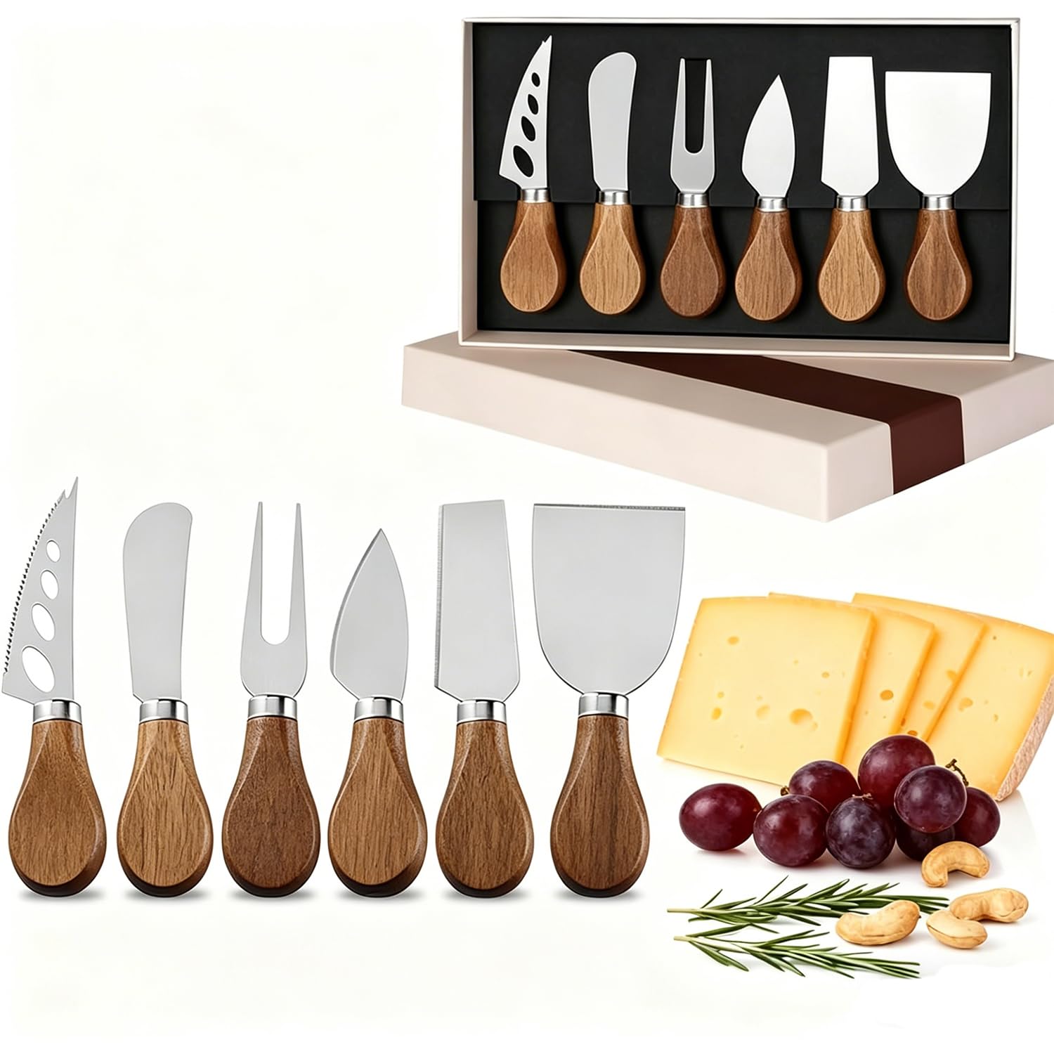 Guojanfon 6 Piece Cheese Knives Set with Wooden Handle, Mini Steel Stainless Cheese Knife Set for Charcuterie anCheese Spread, Perfect for Cheese Slicer and Butter Cutter