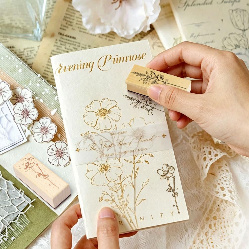 16 Piezas Sellos Madera Scrapbooking de Flores y Plantas Sellos Caucho Vintage sellos Madera Manualidades para Scrapbooking, Diario,Tarjeta