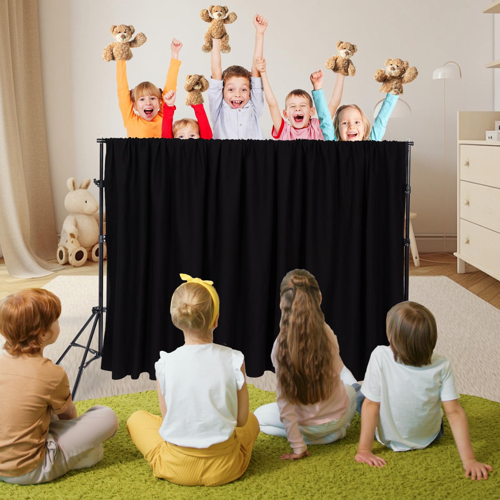 Escenario de marionetas para el aula, teatro de marionetas con 2 trípodes, barra transversal, cortina y bolsa de transporte, escenario portátil adecuado para la escuela, iglesias y