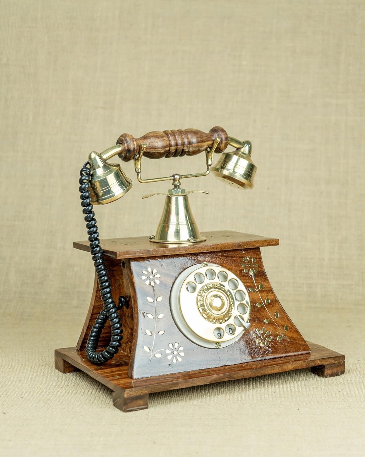 Vintage Wooden Telephone with Rotary Dial, Decorative Antique Style Desk Phone with Brass Accents and Floral Inlay Wooden Showpiece-image-10