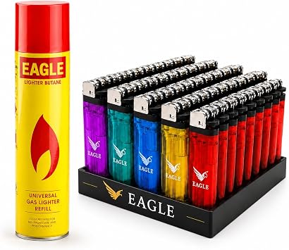 Eagle 50 Count Disposable Lighters Assorted Colors with Universal Butane Gas Refill Wind Resistant Pocket Lighters for Kitchen, BBQ, Candles & Camping