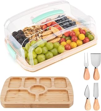 Charcuterie Board with Clear Taller Lid, Travel Bamboo Cheese Boards with 7 Compartments, Meat Fruit Serving Tray Platter, Includes 4 Cheese Knives, House Warming Gifts New Home, Blue Handles