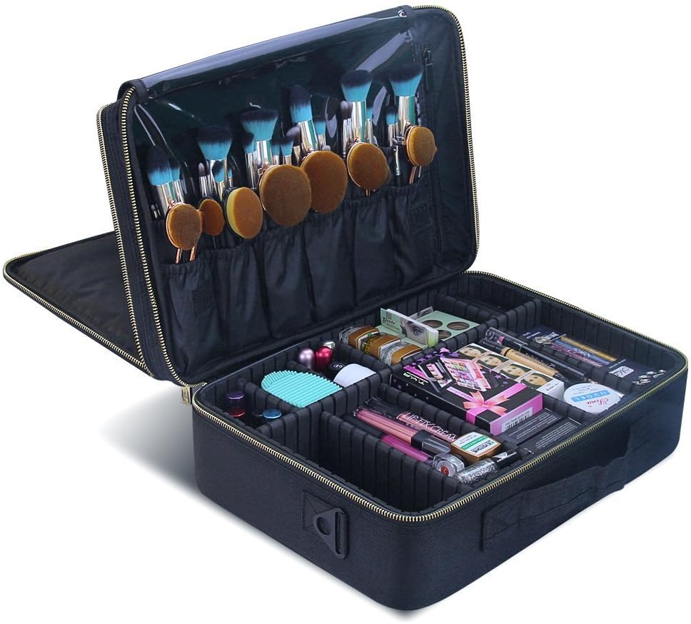 Samtour Makeup Train Case Travelmall Professional 3 layer Multi Functional Make Up Artist Box Attach to Trolley for Makeup Brushes Cosmetics Hair Style Nail Beauty Tool Large Size Black 16.5"