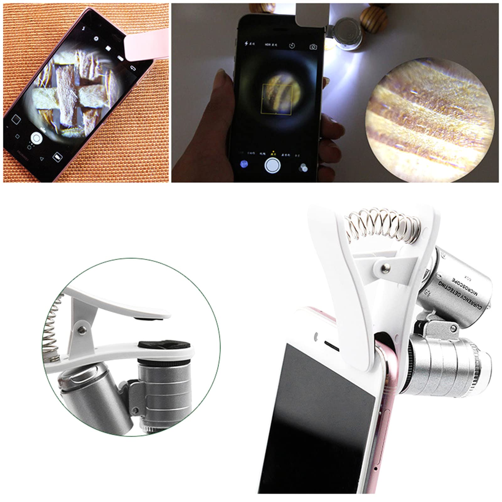 60X Microscope Illumination Mgnifying Glass Pocket Magnifier with Cellphone Clip & LED Light for Printing Engraving