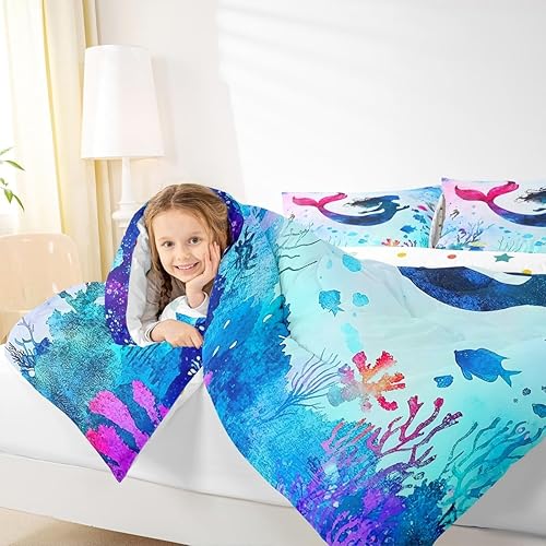 Miniatura 7 de Erosebridal Juego de ropa de cama de sirena rosa, juego de edredón de tamaño individual con diseño de mar marino y océano, edredón de dibujos