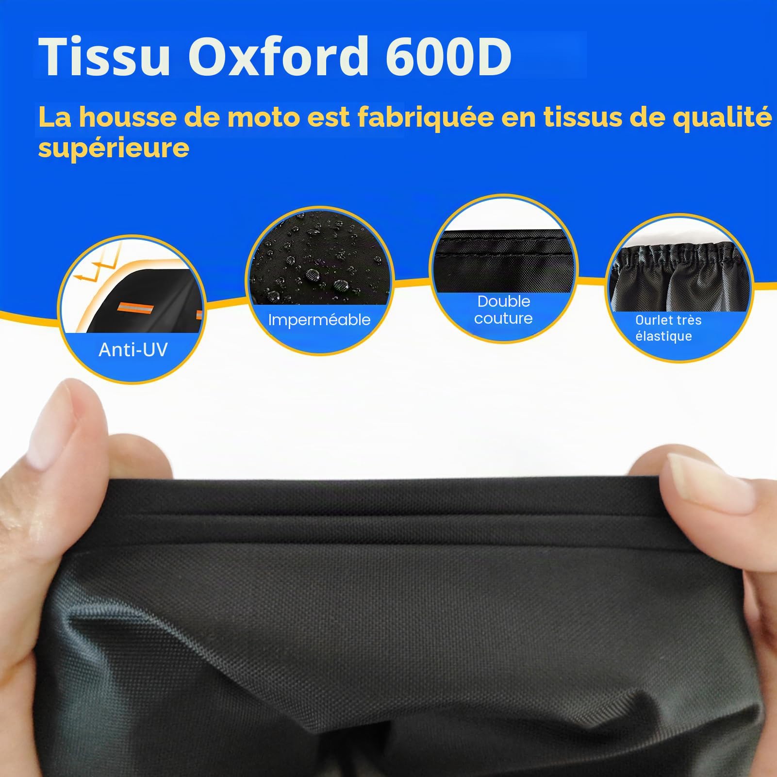 Housse de Moto 600D très résistante et étanche à la poussière pour Moto, Scooter, Protection avec Bandes réfléchissantes, Trous de Verrouillage et Sac de Rangement, 247,7 x 104,1 x 127 cm