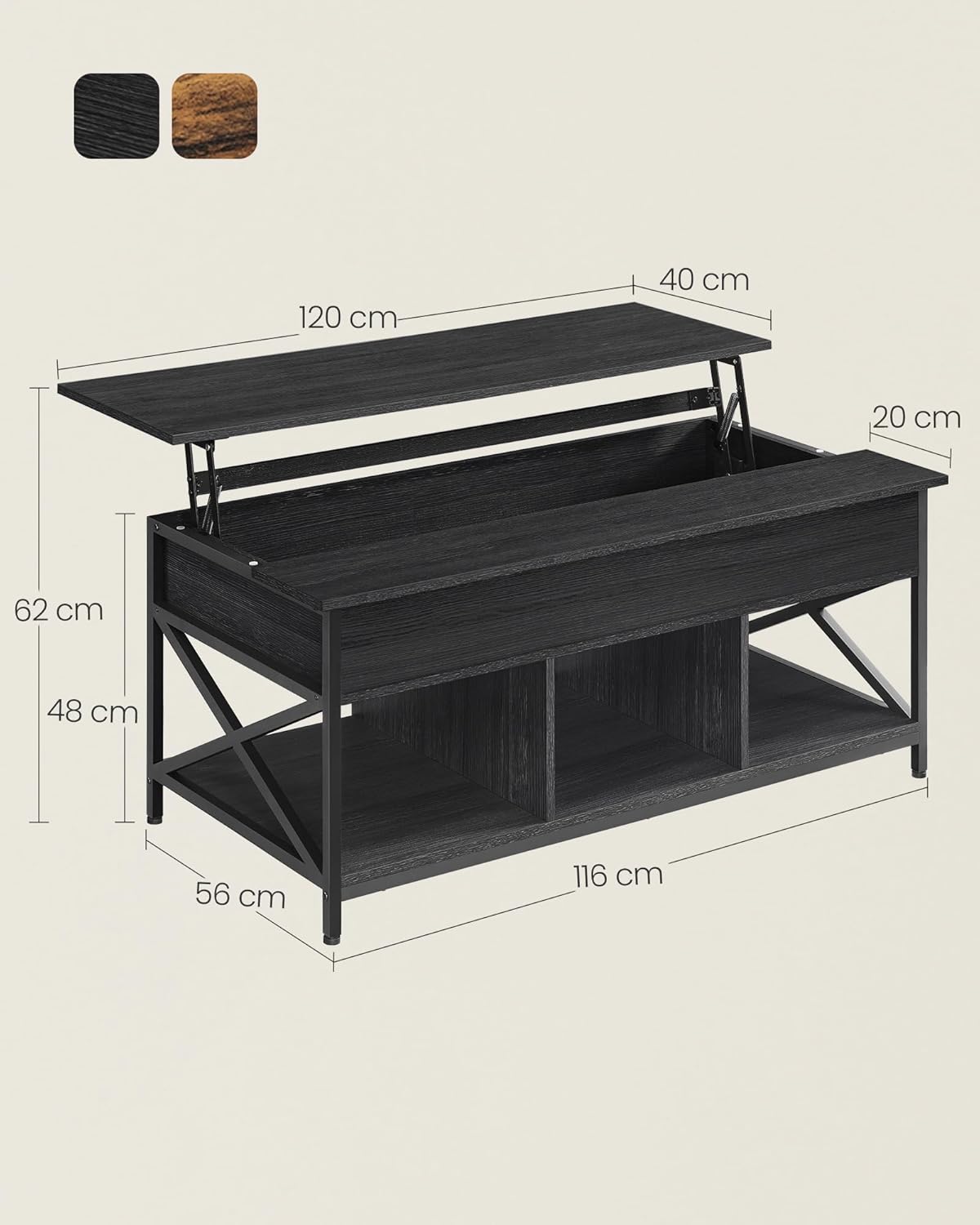Diagram showing the dimensions of the VASAGLE LCT215B22 Lift-Top Coffee Table.