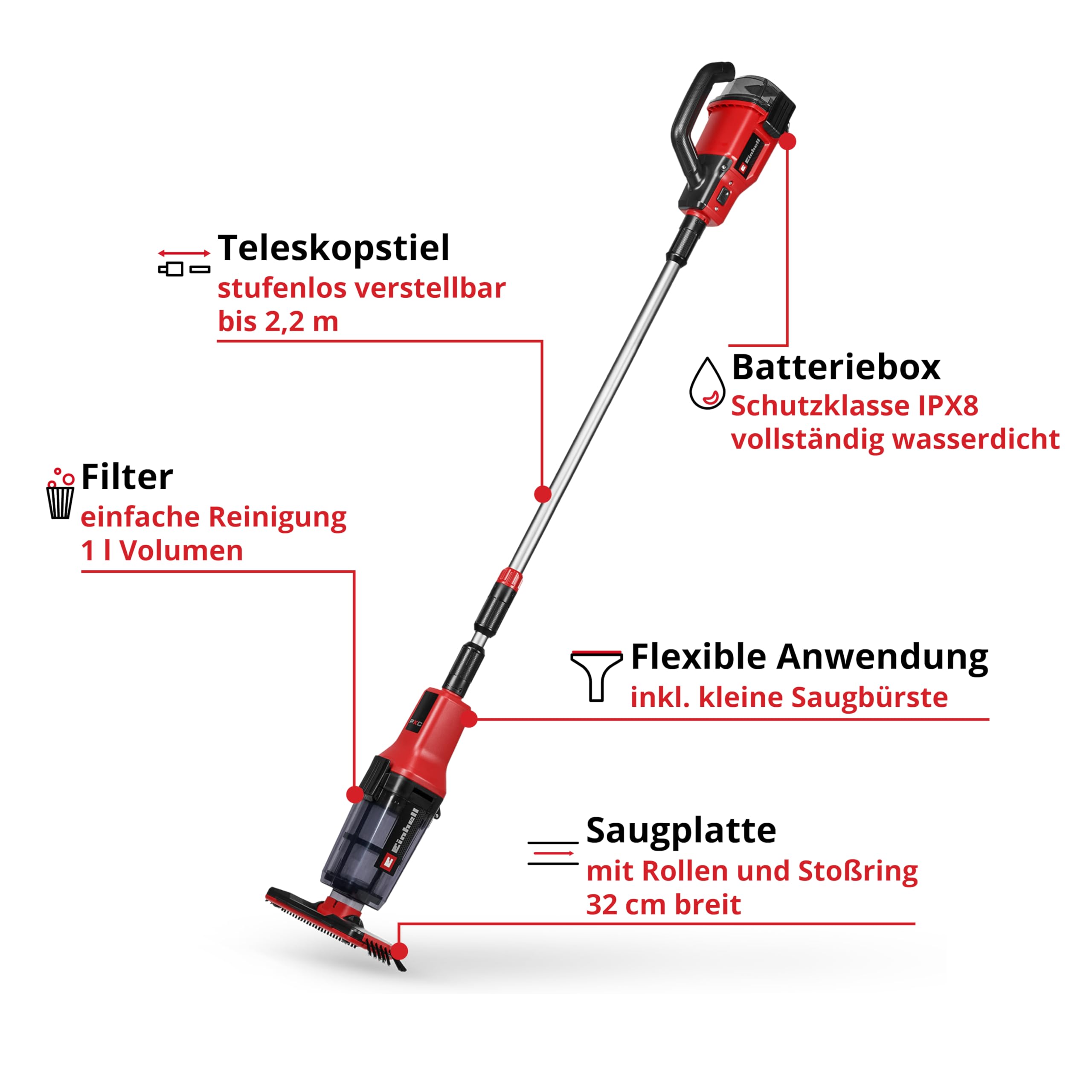 Einhell Akku-Poolsauger GE-PV 18/42 Li T-Solo PXC (18 V, wasserdichte Batteriebox, 32 cm Saugplatte, teleskopierbar bis 220 cm, Filter, inkl. kleinerer Aufsatz, ohne Akku)