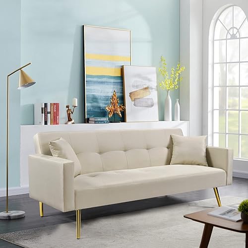 Miniatura 3 de Sofá cama futón de terciopelo, sofá cama de 73 pulgadas con 3 ángulos reclinables, sofá biplaza de sala de estar, dos almohadas y patas de metal