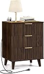 Nightstand 20 inch Fluted Modern Night Stand with Charging Station, Wooden Side Table with 3 Large Storage Drawers Modern Wood Bedside End Table for Bedroom Living Room Sofa Office