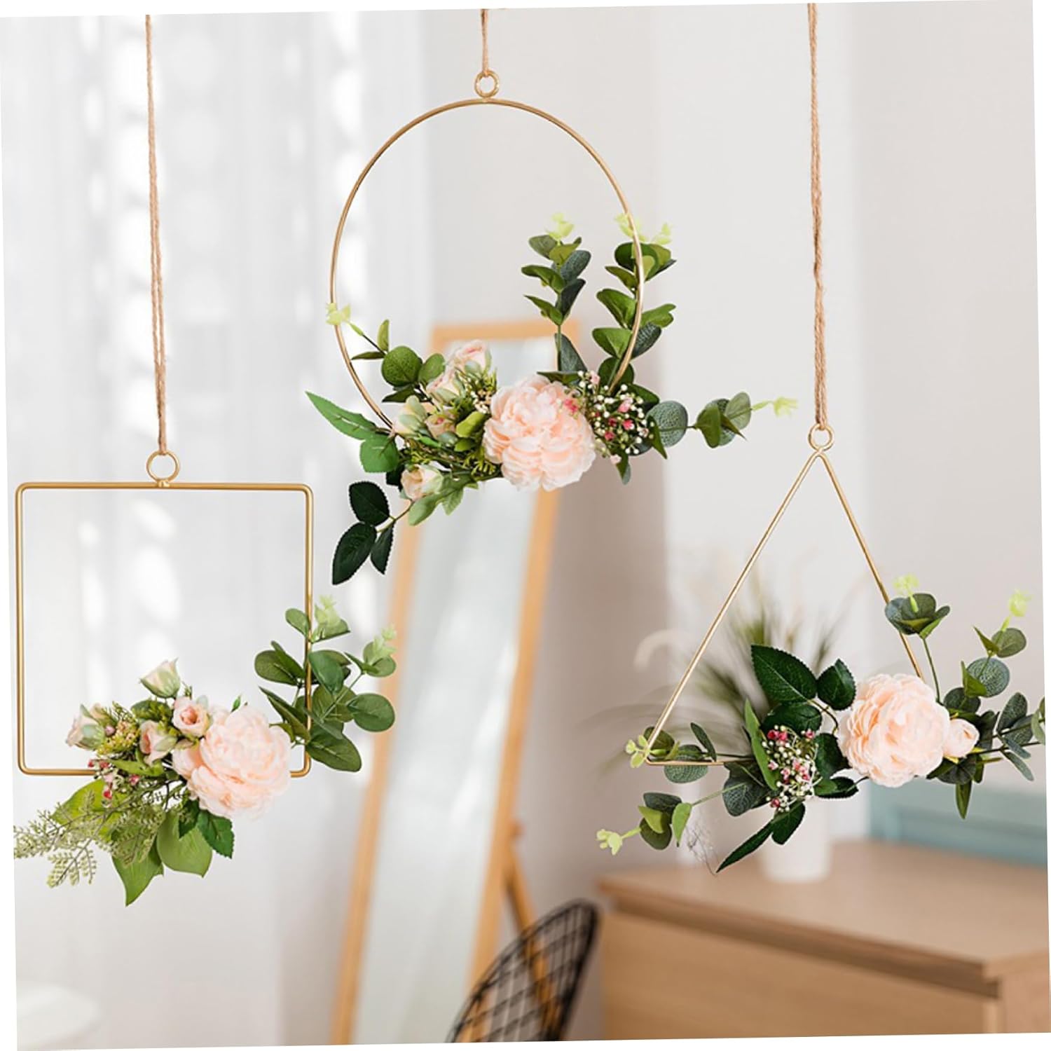 Artificial Flower Hoop Wreath Hanging Flower Wreath Floral Hoop with Wall for Wall Art Decoration 3PCS Champagne Camellia, with Flowers, Floral Hoops with Flowers