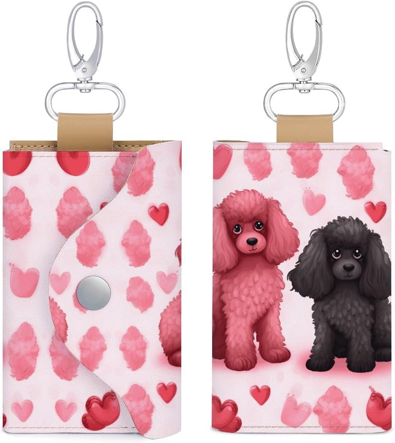 Pink Poodles Dogs Key Pouch, PU Leather Key Holder, Personalized Snap Closure Key Bag with Card Slot & Coin Pocket, Portable Key Organizer for Car Keys House Keys, Men Women
